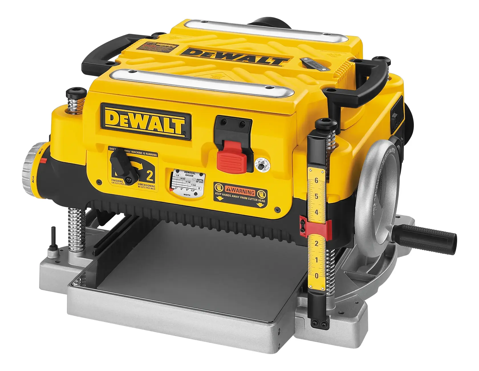 A DEWALT DW735 benchtop planer in yellow and black, with visible adjustment knobs, measurement scale, and safety warnings on the front panel. The machine is designed for smoothing and sizing wood surfaces.