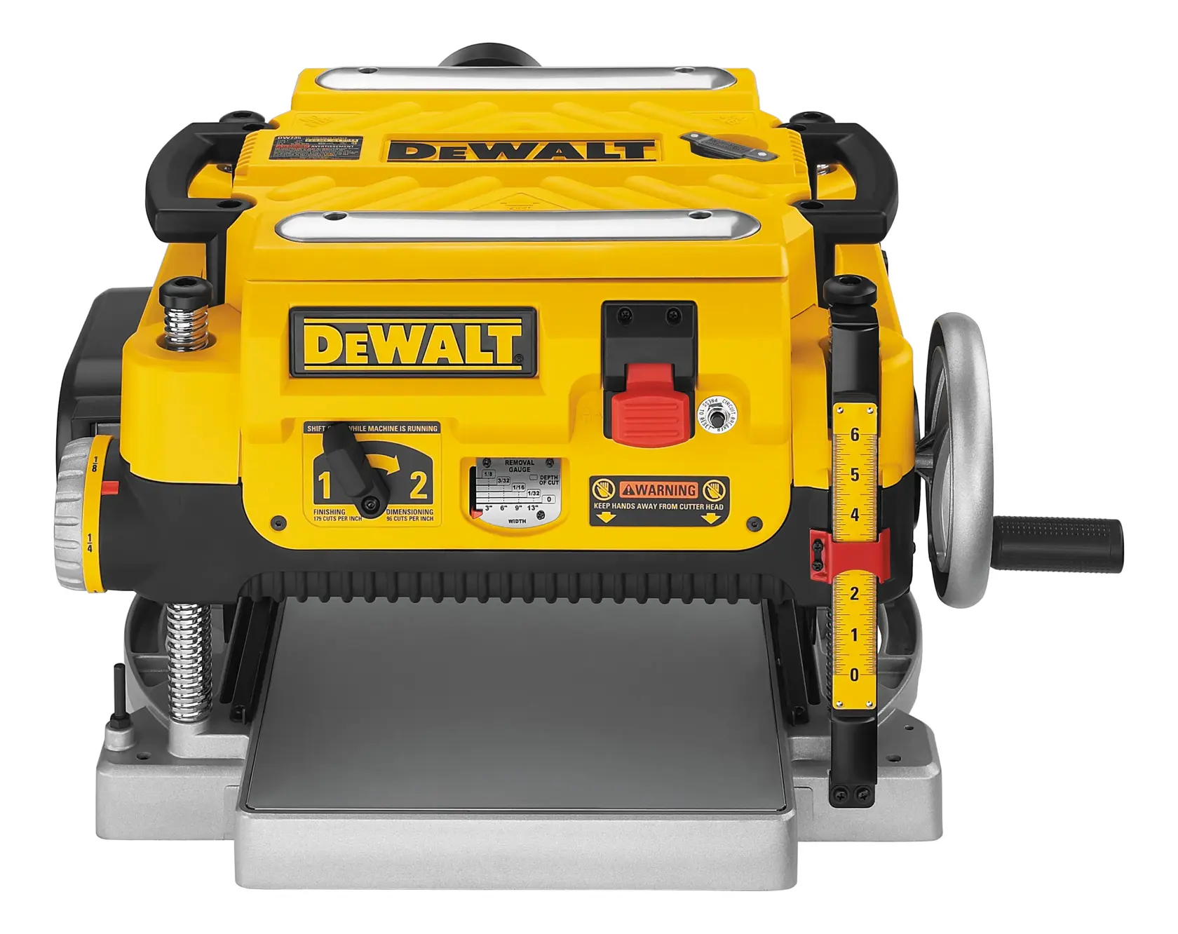 Front view of a DEWALT DW735 benchtop planer, featuring a yellow and black design with control knobs, depth adjustment wheel, and visible brand logo. The planer is used for woodworking to shave and smooth surfaces.