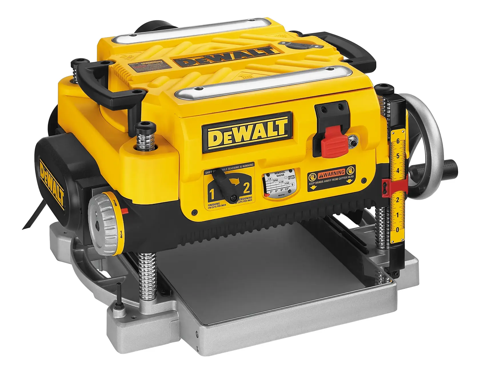 A DEWALT DW735 heavy-duty yellow and black wood planer with adjustable settings, placed on a white background. This woodworking tool features a crank handle, measurement gauge, and metal feed table.