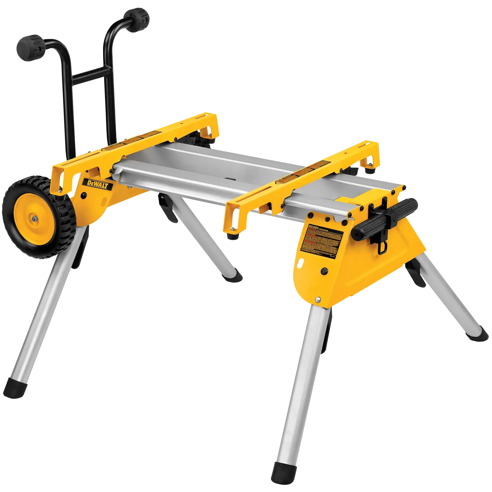 DEWALT DW7440RS portable saw stand with foldable aluminum legs, yellow steel supports, and large wheels for easy transport.