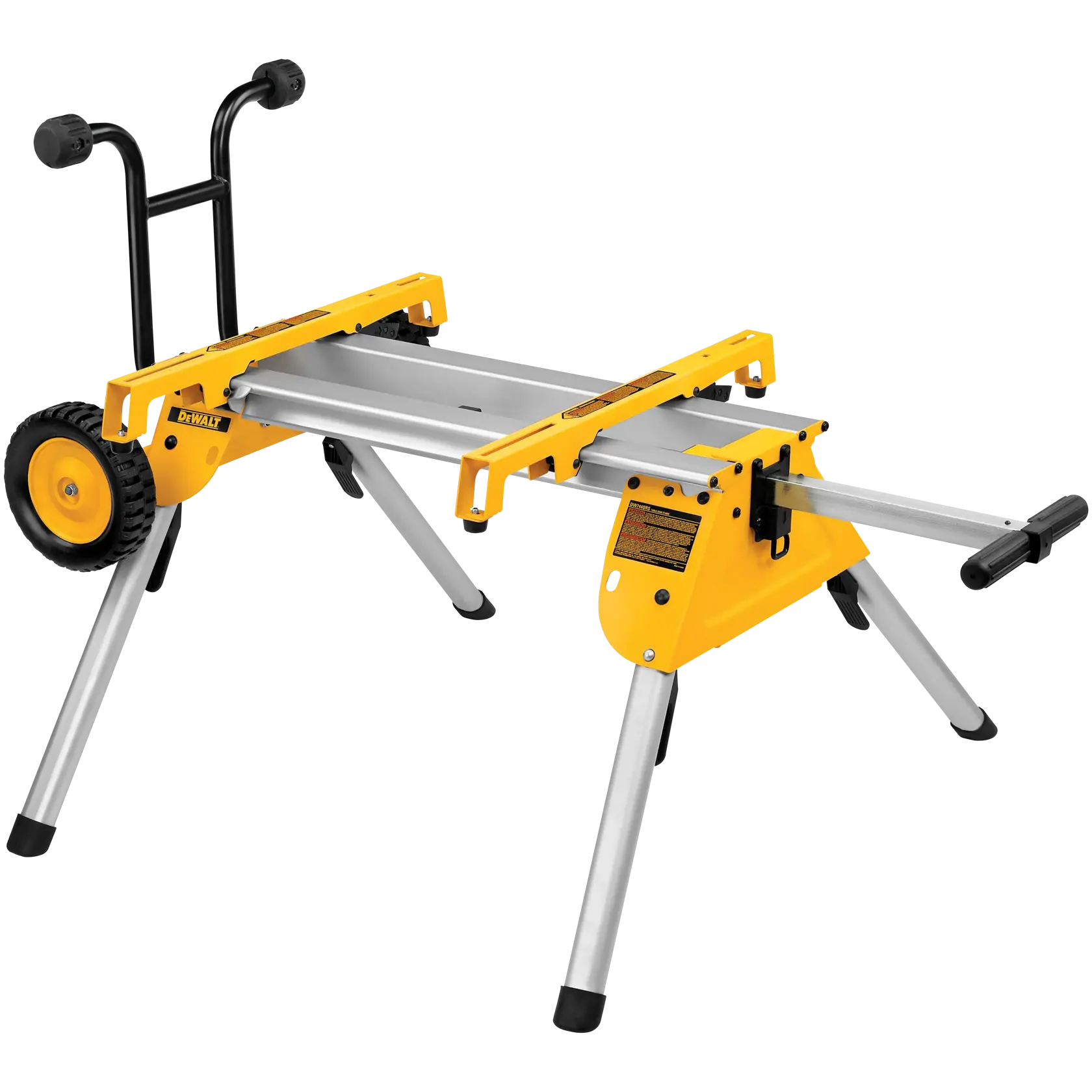 A DEWALT DW7440RS rolling saw stand with yellow and silver metal frame, two large wheels, and foldable legs designed to support and transport table saws.