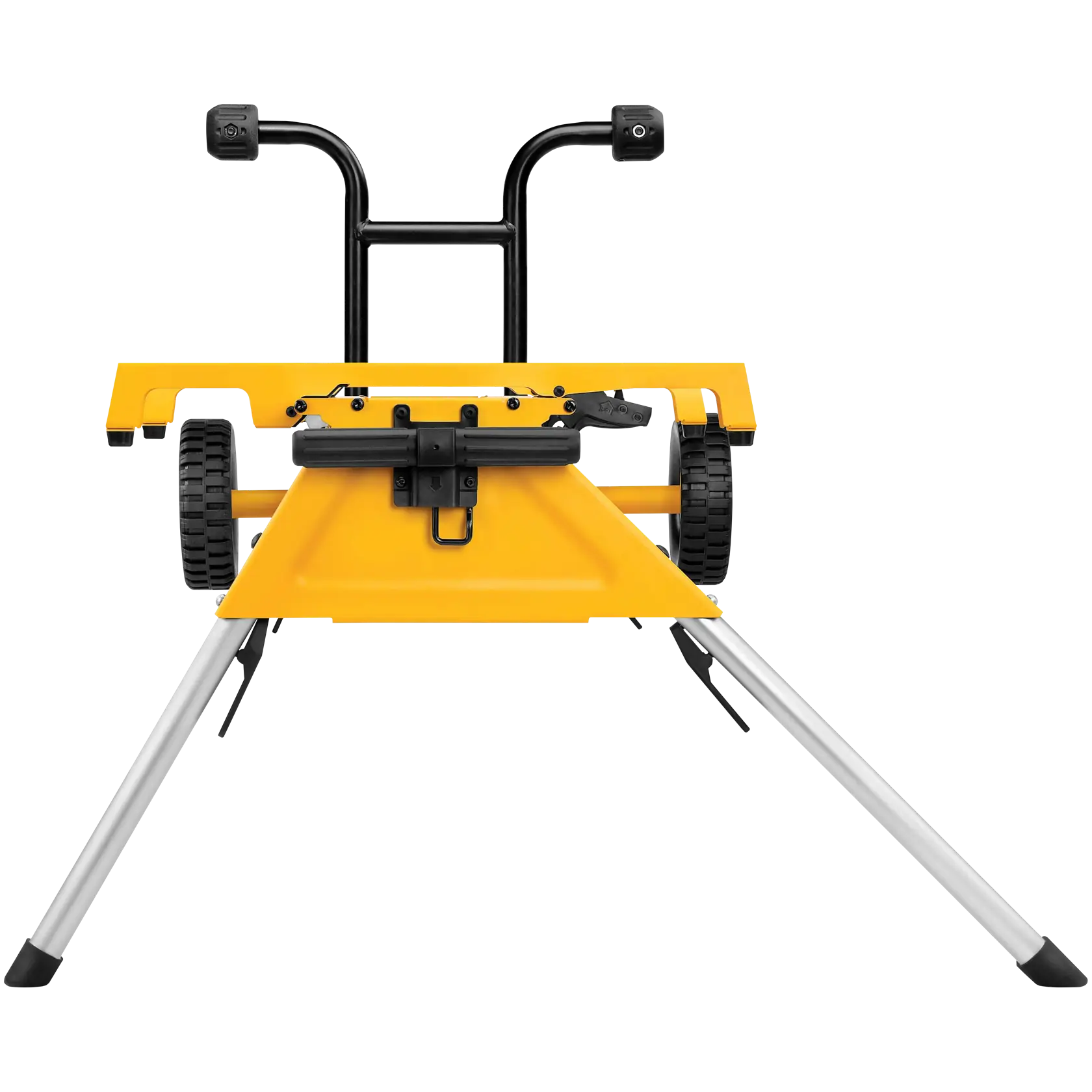 A yellow and black portable saw stand with wheels and metal legs, designed for supporting table saws. The stand has a robust frame and handles for easy transport.