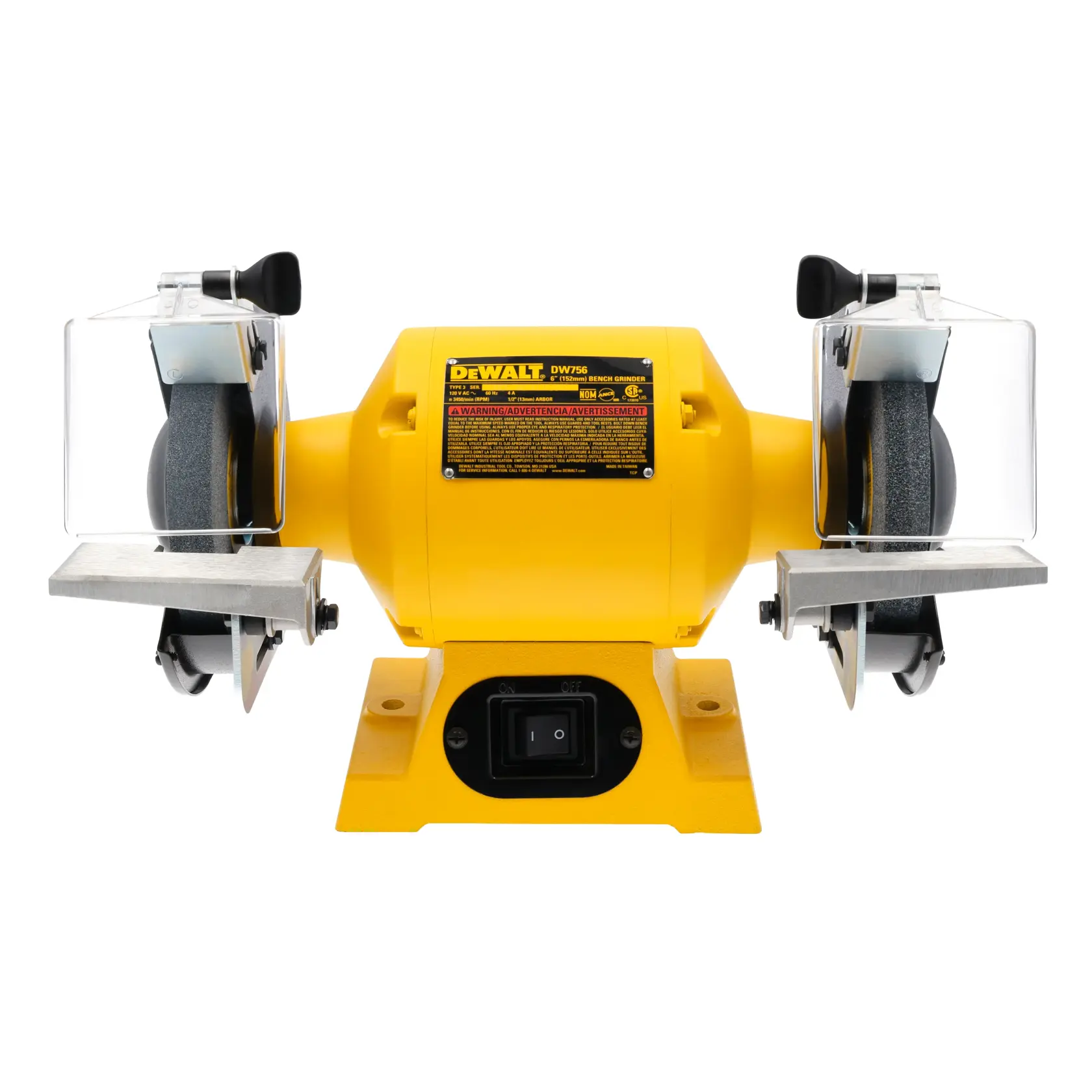 Front view of a DEWALT DW756 bench grinder with a yellow body, two grinding wheels on each side, and protective transparent shields over each wheel.