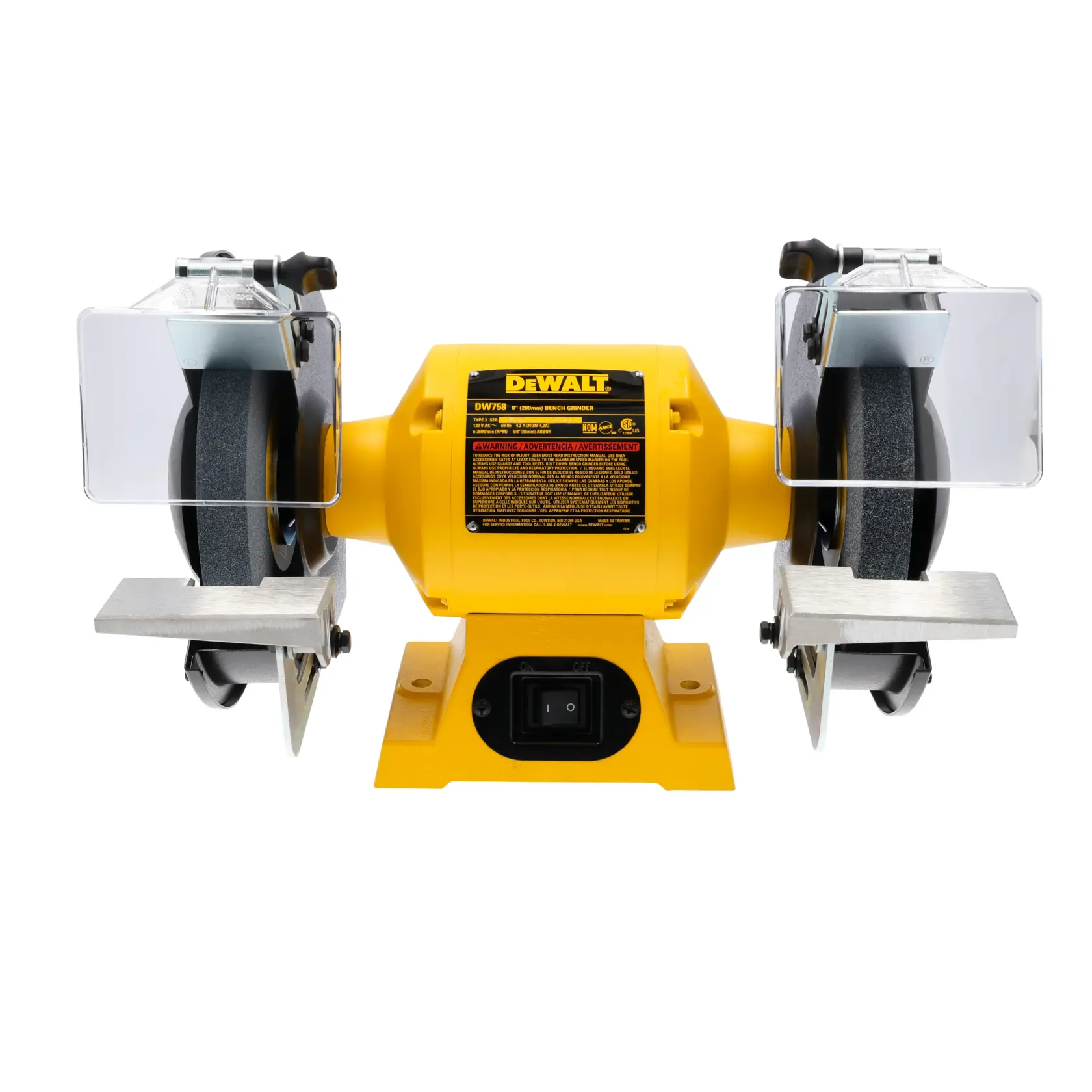 A DEWALT DW758 bench grinder with a yellow base and motor housing, two grinding wheels, adjustable tool rests, and clear safety shields.