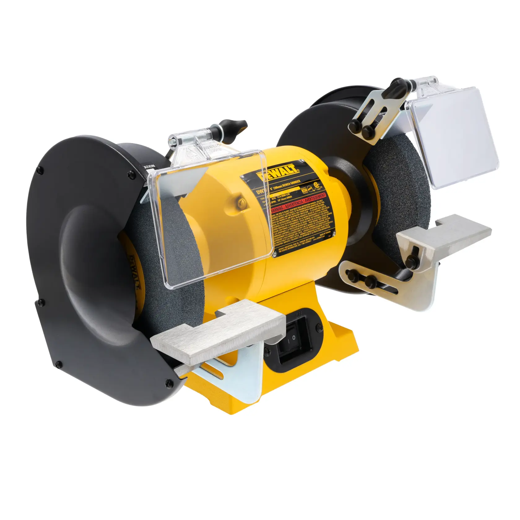 A DEWALT bench grinder with two grinding wheels, protective shields, and metal tool rests. The grinder has a yellow body and a central on/off switch.
