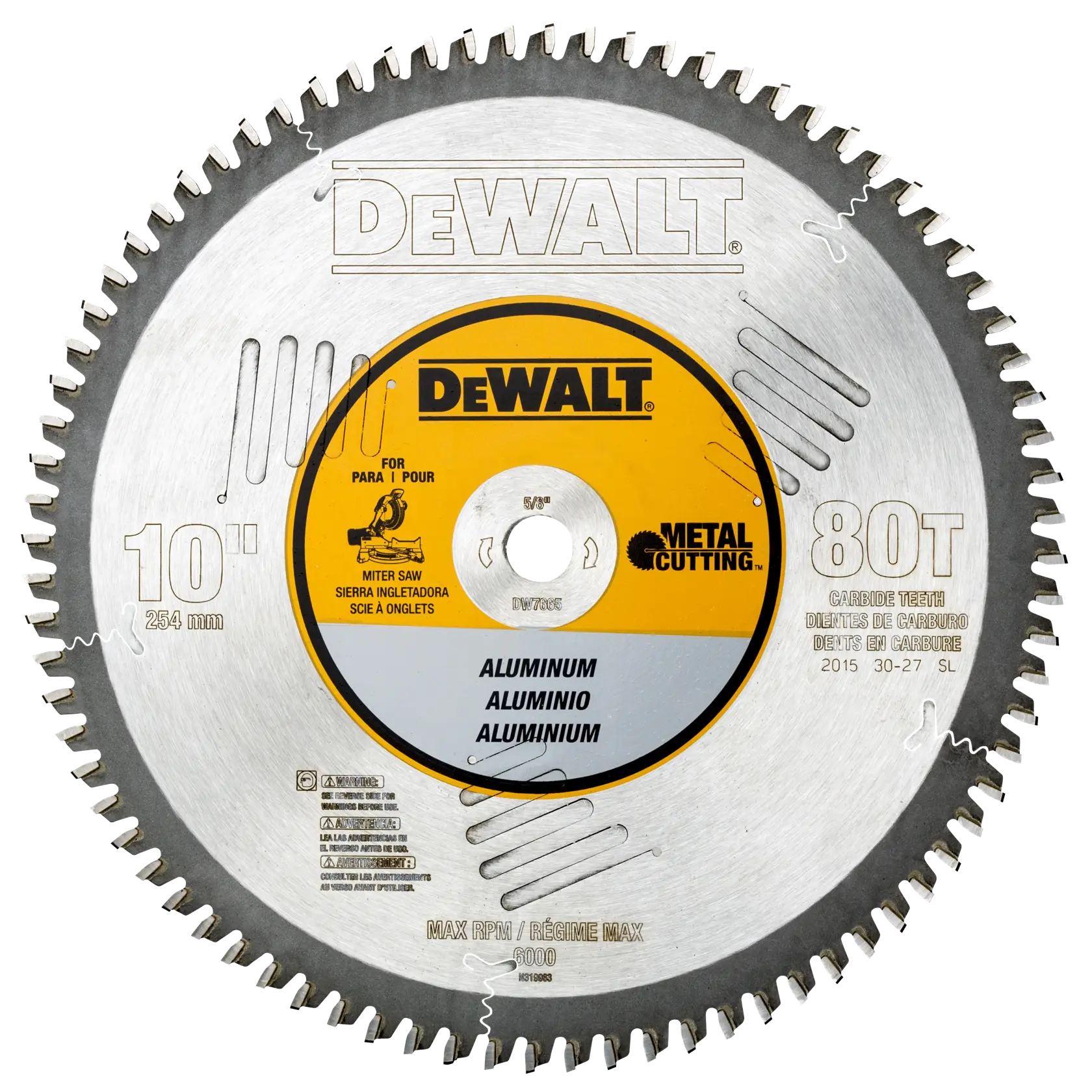 DEWALT 10-inch, 80-tooth carbide-tipped circular saw blade for cutting aluminum, with metal cutting label, model DW7665.
