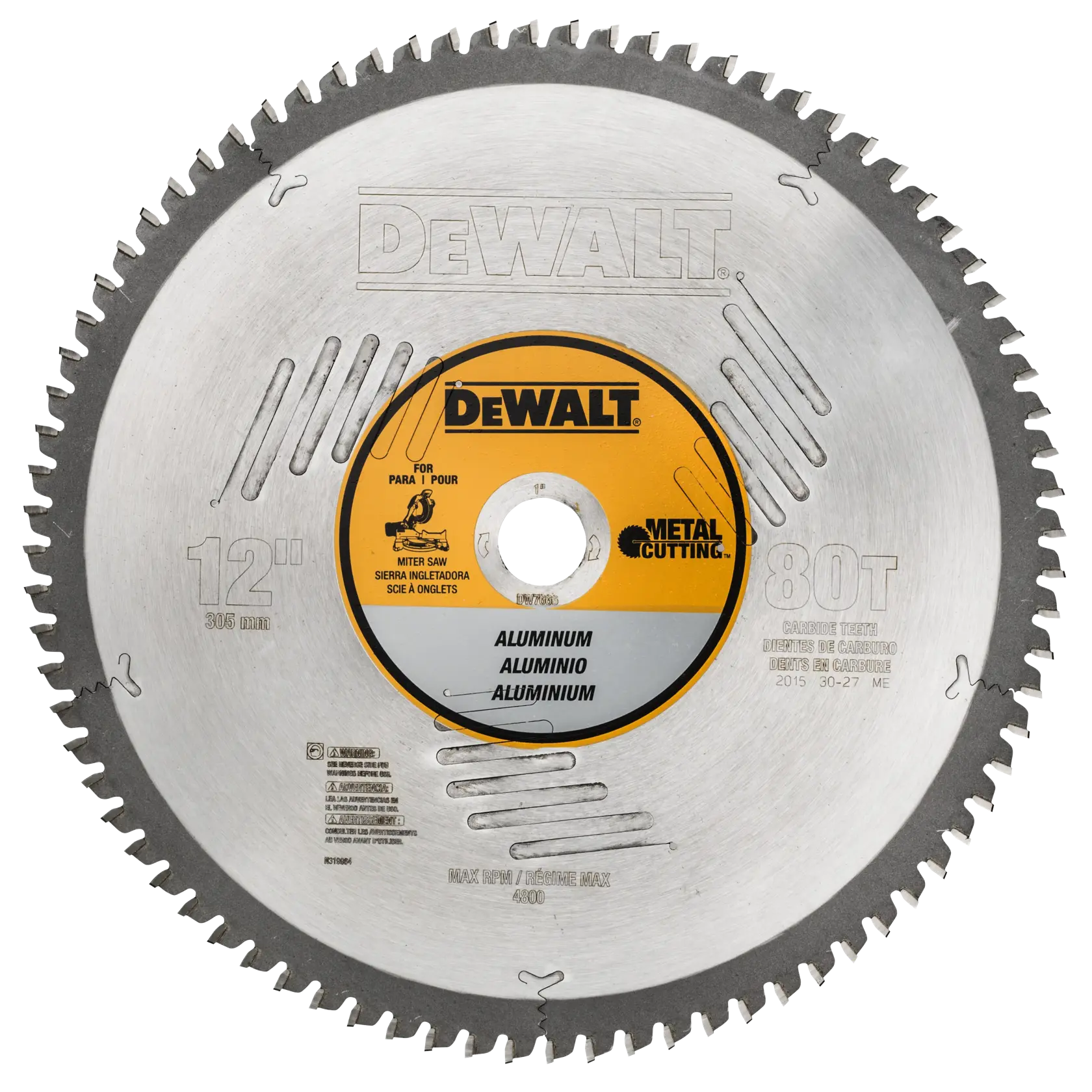 A DEWALT 12-inch circular saw blade designed for cutting aluminum, with 80 teeth and carbide tips. The blade has a silver body with a yellow and black center label displaying specifications.