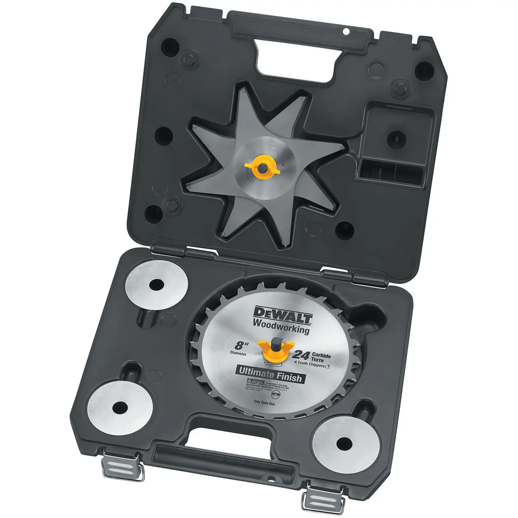 A DEWALT woodworking saw blade kit in a black carrying case. The kit includes a circular saw blade labeled '8 inch diameter, 24 carbide teeth, ultimate finish' and several other metal accessories and parts, securely arranged in designated spots inside the case.