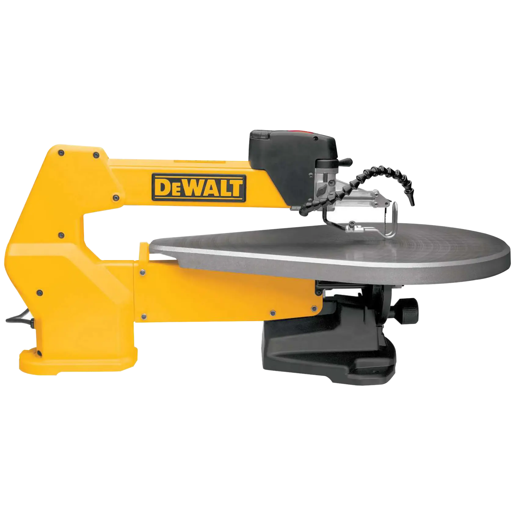 A DEWALT scroll saw with a yellow frame, designed for precision woodworking, shown on a white background.