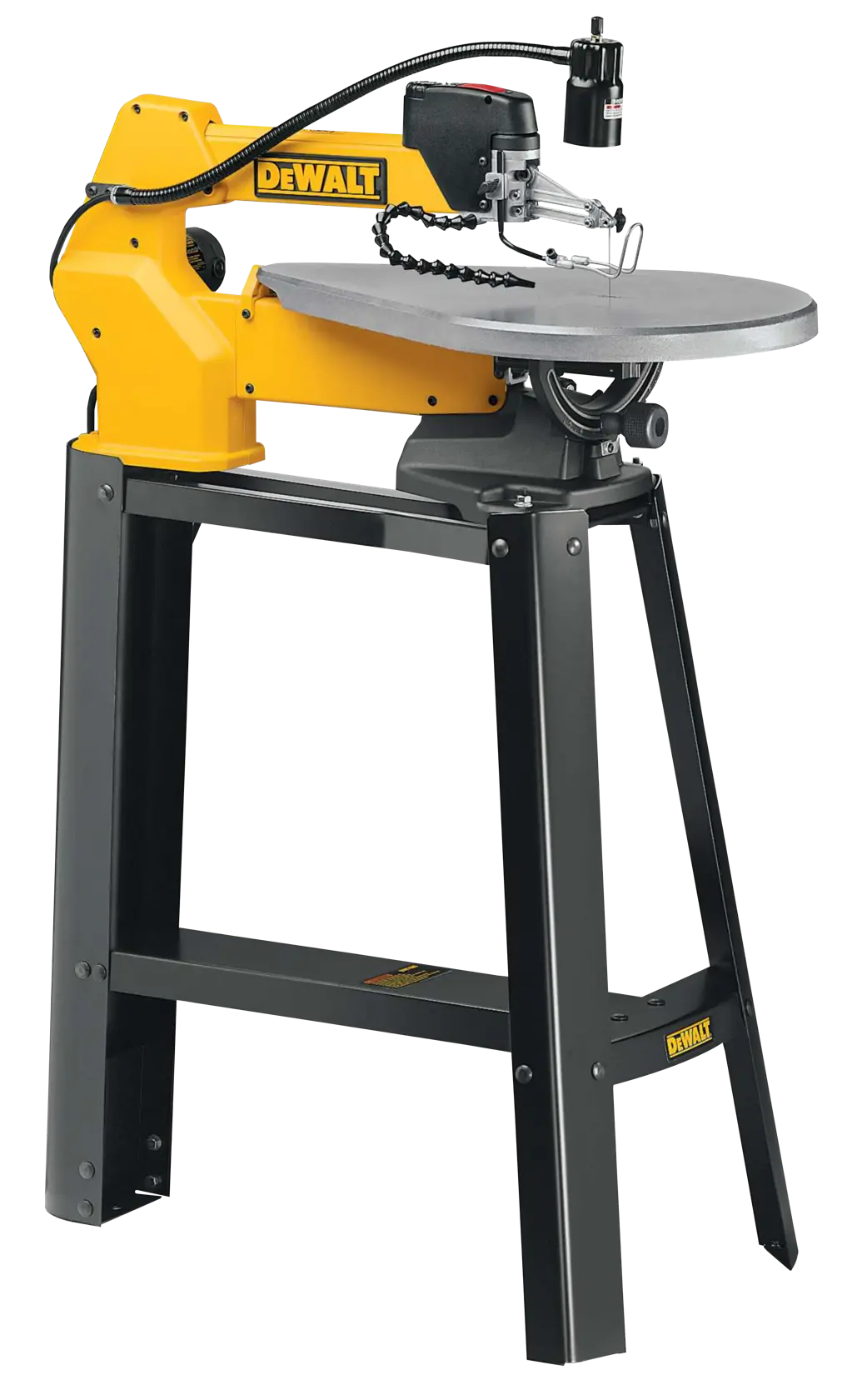 A DEWALT scroll saw with a yellow and black body, mounted on a sturdy black metal stand. The saw features a round gray worktable and an adjustable lamp attached to the top.