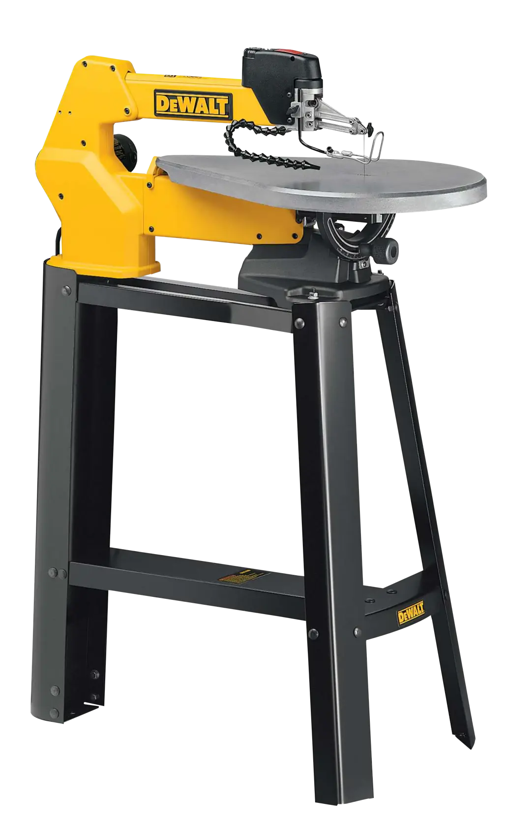 A DEWALT DW788 scroll saw with a yellow and black frame, mounted on a stand. The saw features a flat worktable and a thin blade suitable for intricate cuts in woodworking.