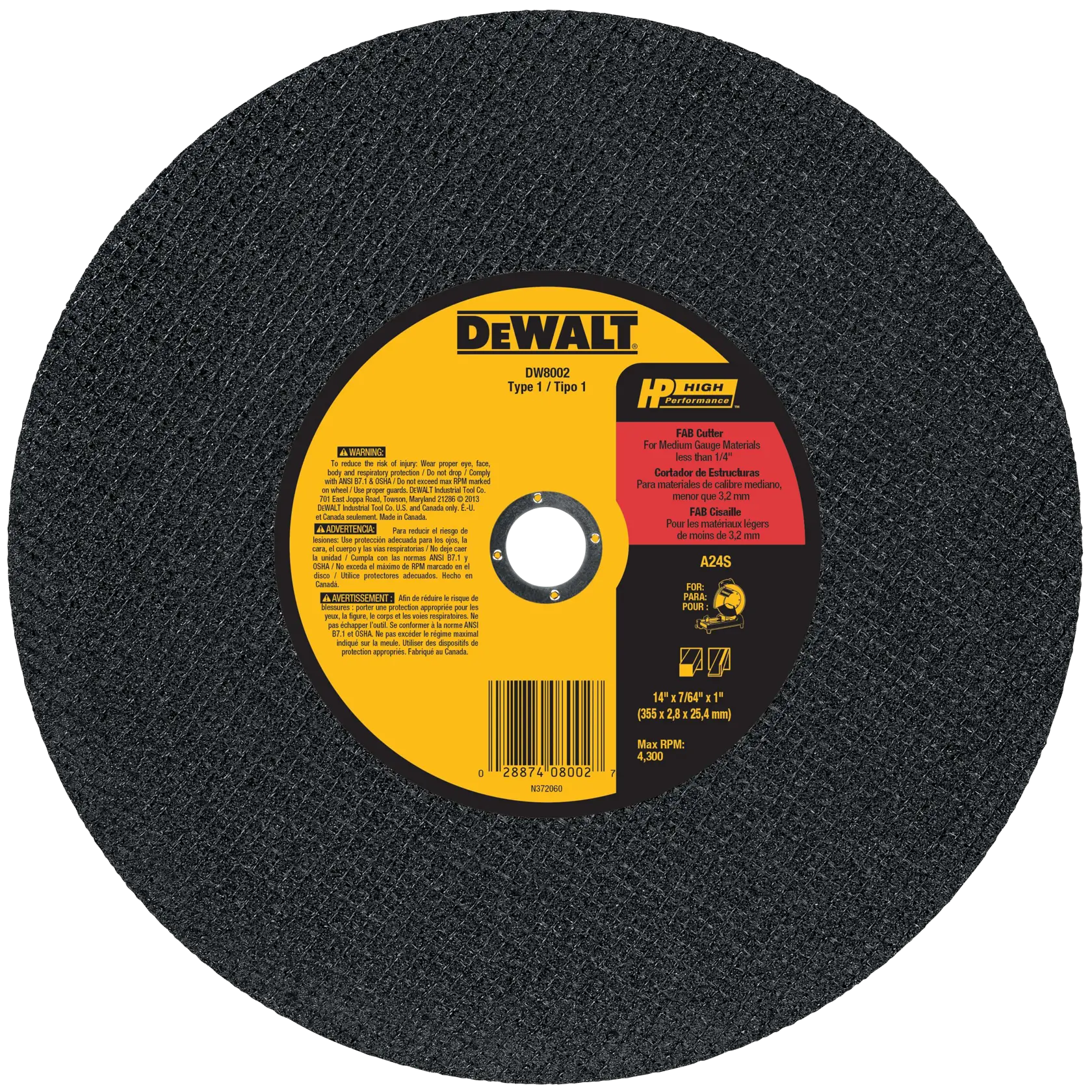 A DEWALT DW8002 high performance abrasive cut-off wheel with a yellow and black center label, designed for cutting medium gauge materials. The disc is round, black, textured, and has product specifications printed in multiple languages.