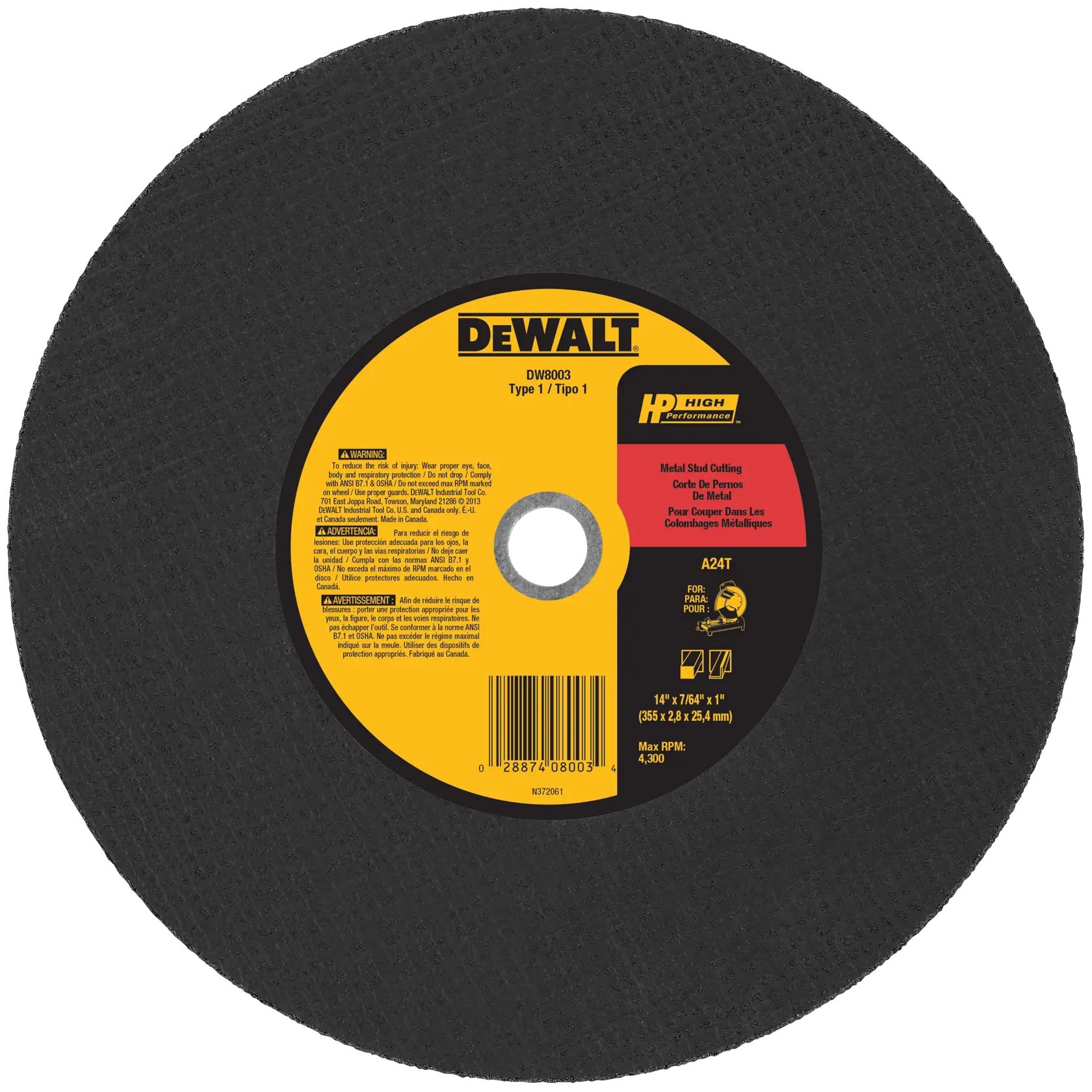 A DEWALT DW8003 Type 1 metal cutting wheel, circular in shape with a dark abrasive surface and a yellow center label displaying product specifications and safety warnings.