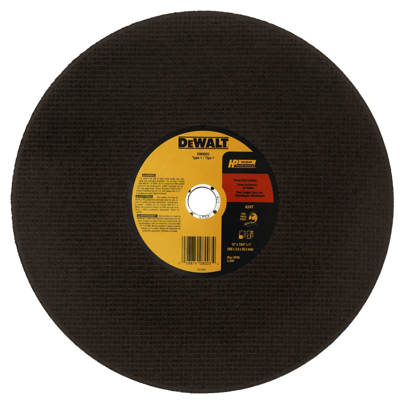 A DEWALT DW8003 metal cutting wheel with a black textured surface and a central label displaying product information. The circular abrasive disc is designed for cutting metal materials and features a yellow and black label with DEWALT branding.