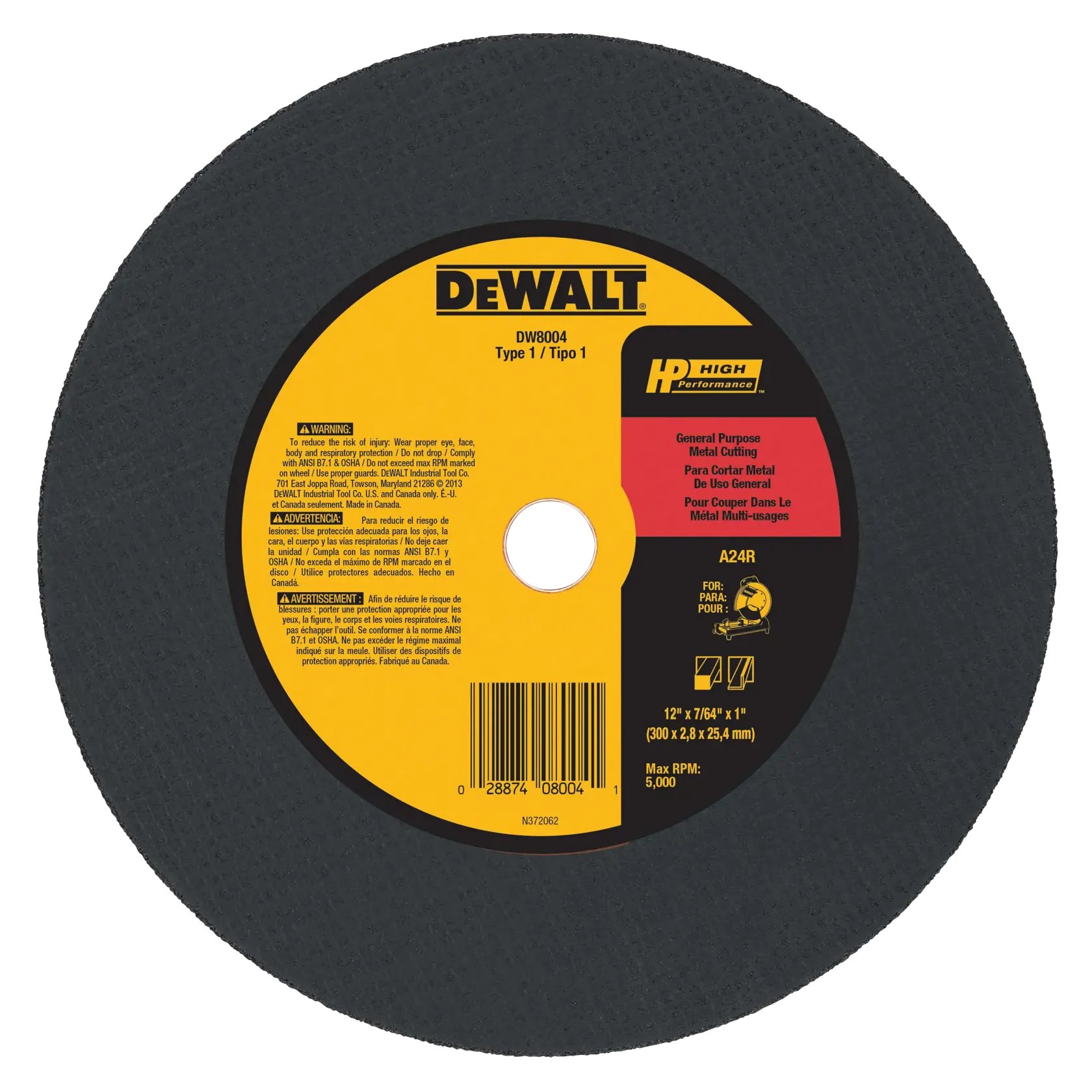 A DEWALT DW8004 Type 1 general purpose metal cutting wheel, featuring a circular black abrasive disc with a yellow label indicating specifications, usage warnings, and brand information.