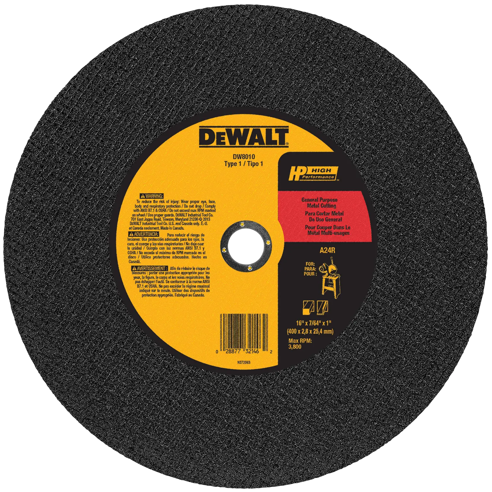 DEWALT DW8010 metal cutting wheel, black with a yellow and black central label, designed for general purpose metal cutting. The label includes product specifications, warning instructions, and a barcode.