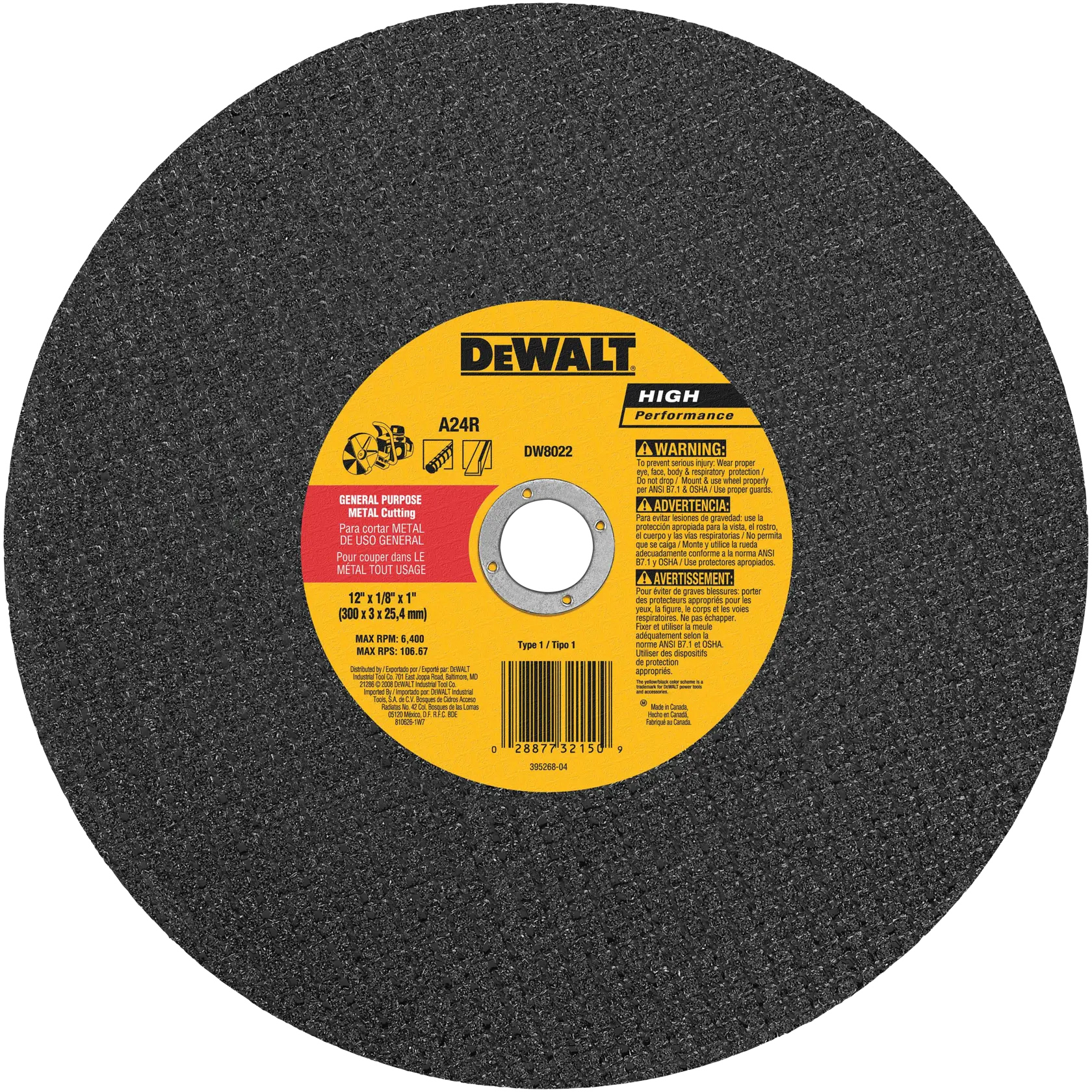 DEWALT DW8022 high performance metal cutting wheel, 12-inch diameter and 1/8-inch thickness, with a yellow and black label featuring safety warnings and usage information.