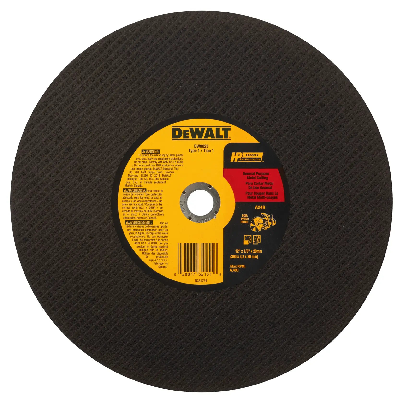 A DEWALT DW8023 general purpose metal cutting wheel, 12 inches in diameter, with a black textured surface and a yellow and black label in the center.