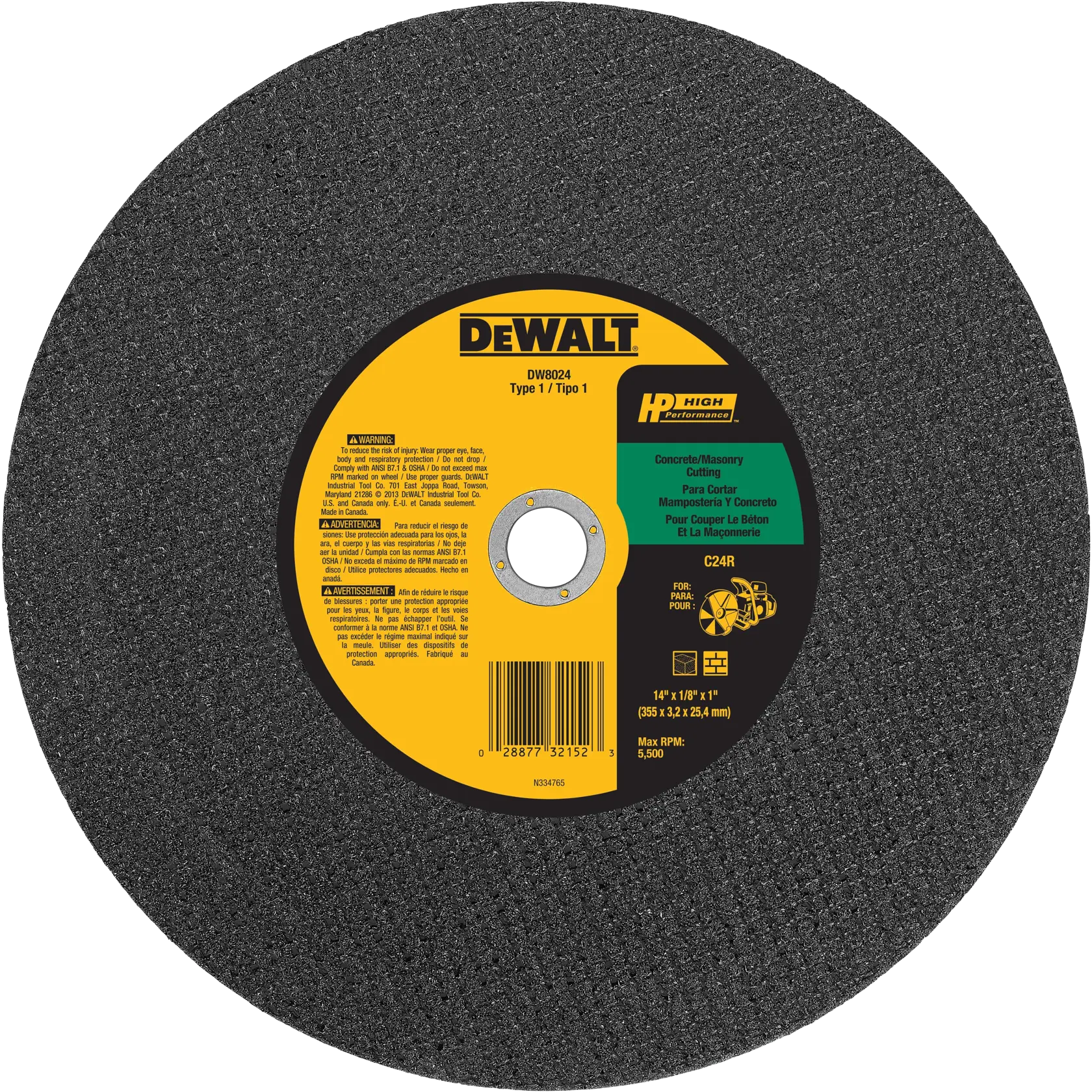 A DEWALT DW8024 High Performance cutting wheel for concrete and masonry, featuring a circular shape with a yellow and black center label indicating product specifications and warnings.