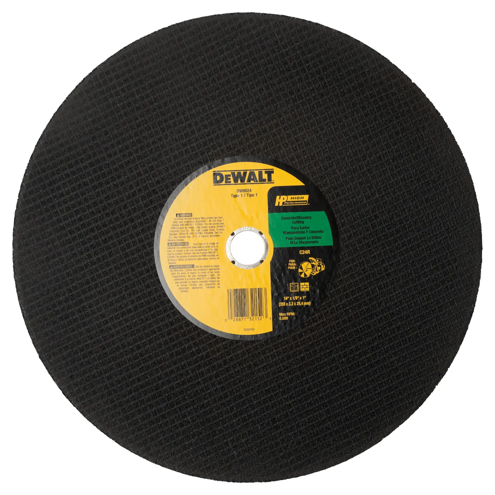 A DEWALT DW8024 cutting wheel designed for masonry and concrete applications, shown with a textured black surface and a central yellow and black label indicating product specifications.
