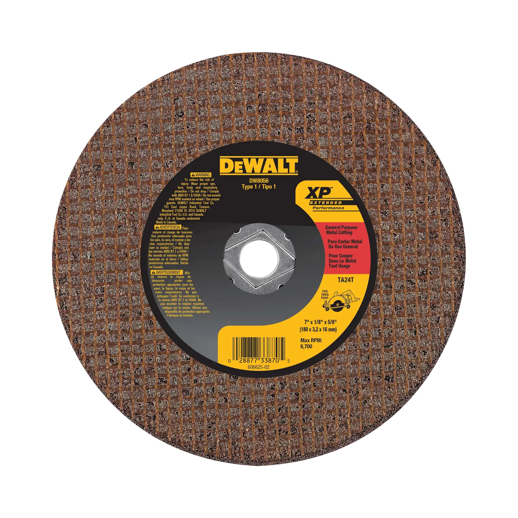 A DEWALT XP Extended Performance metal cutting wheel, circular with a textured brown surface and a center hole. The black and yellow label provides product details such as model DW8056, size 7 inches, and general purpose metal cutting.