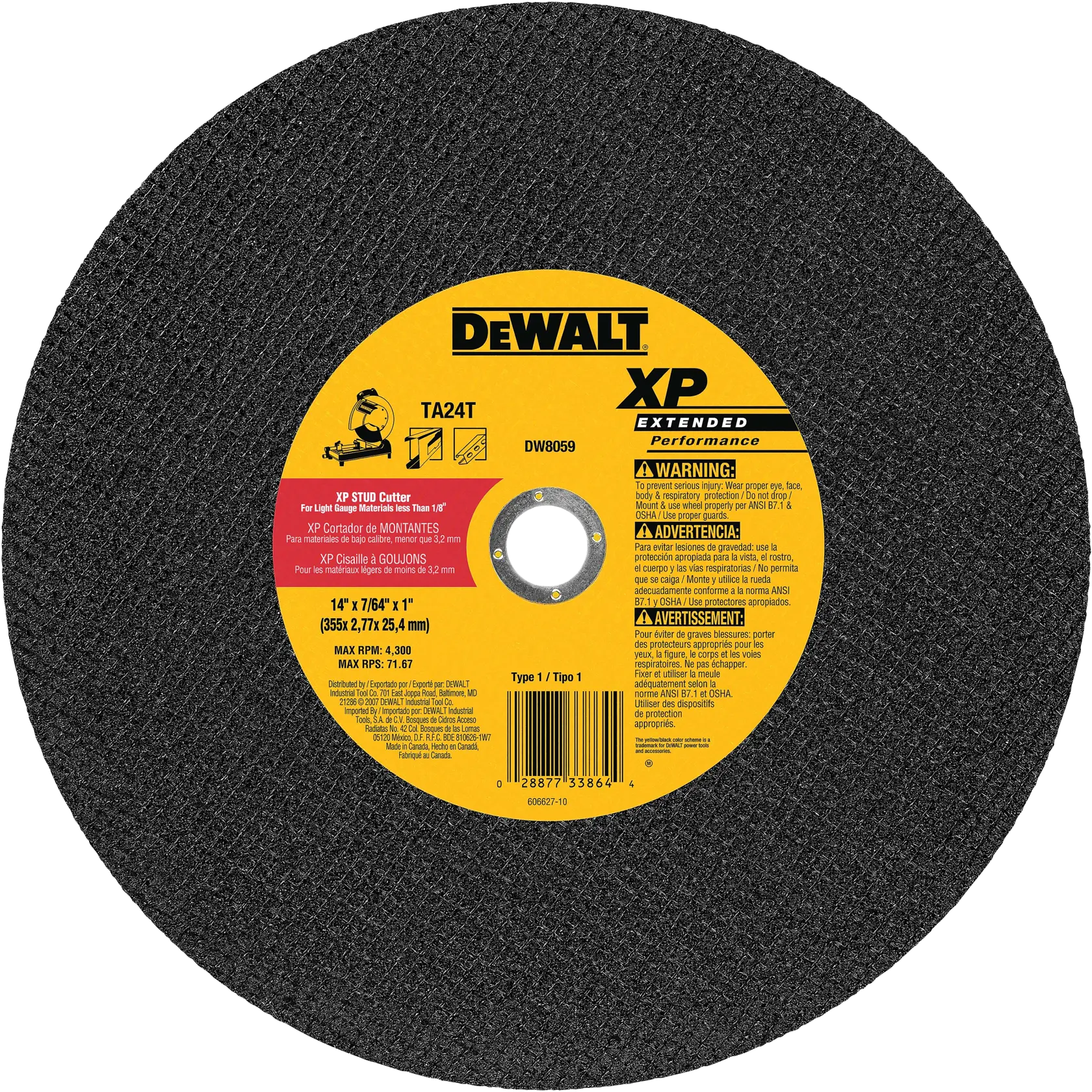 A DEWALT XP Extended Performance cutting wheel for metal, featuring a yellow label with product information. The label displays model TA24T, SKU DW8059, and specifications including 14 in x 7/64 in x 1 in (355 x 2.7 x 25.4 mm). Safety warnings and usage instructions are included in multiple languages.