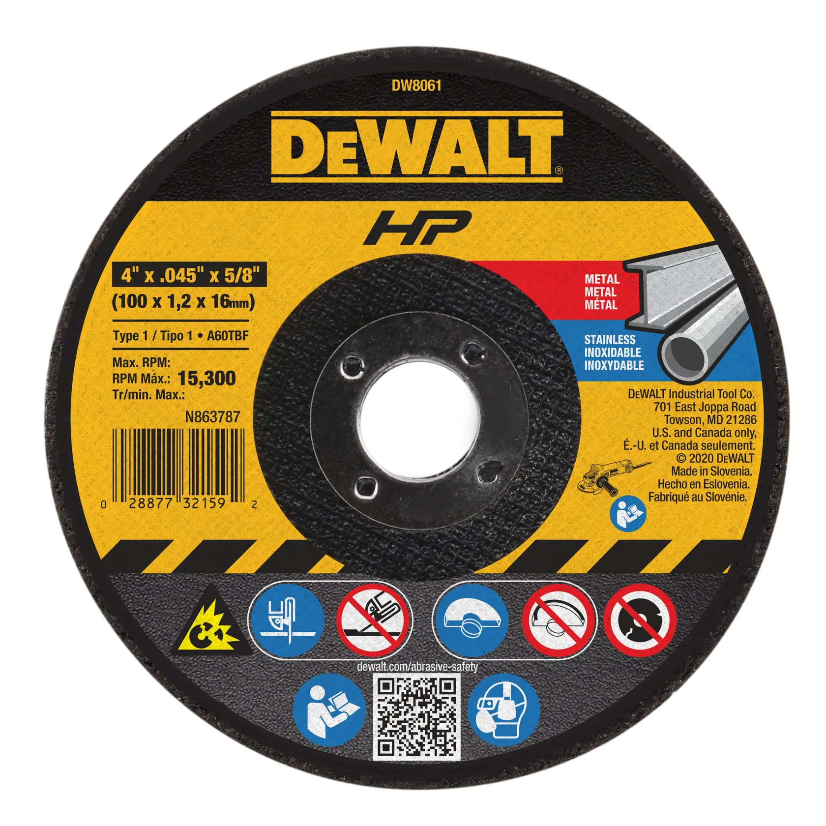 A DEWALT HP metal and stainless steel cutting wheel, model DW8061, 4 inch x 0.045 inch x 5/8 inch (100 x 1.2 x 16mm). The wheel features safety and usage information, barcode, and DEWALT branding. The wheel is black with a yellow label and graphic icons.
