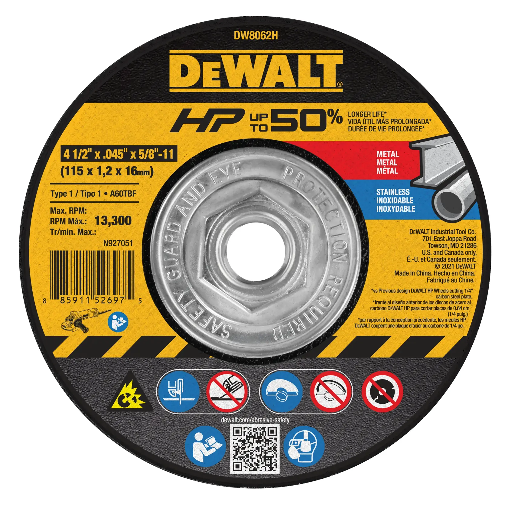 A DEWALT DW8062H abrasive cutting wheel for metal and stainless steel, labeled with size 4 1/2 inches by 0.045 inches by 5/8-11 (115 x 1.2 x 16 mm). The wheel features a central metal hole, safety and eye protection reminders, RPM max 13,300, and product information, barcodes, and various safety pictograms.