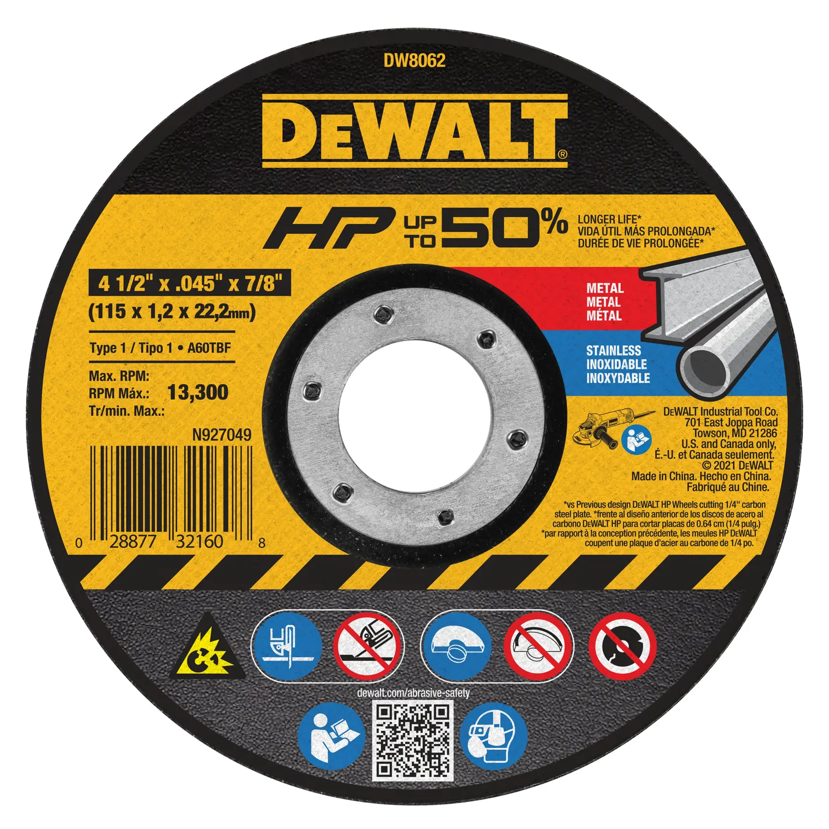 DEWALT DW8062 abrasive cutting wheel for metal and stainless steel, 4 1/2 inch x 0.045 inch x 7/8 inch (115 x 1.2 x 22.2 mm), HP series. The wheel displays product specifications, safety icons, and the DEWALT yellow and black branding.