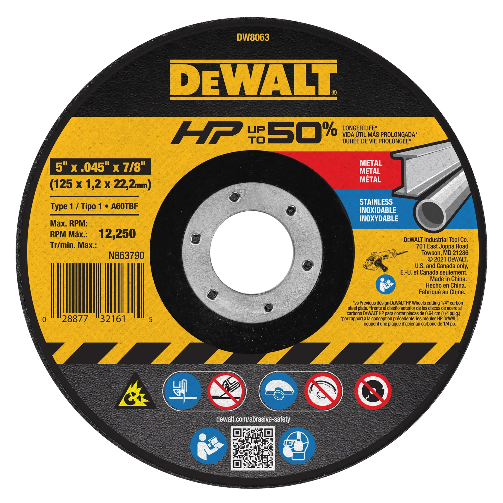 A DEWALT branded abrasive cutting wheel, model DW8063, with a yellow and black label showing specifications. The wheel measures 5 inches by 0.045 inches by 7/8 inches (125 x 1.2 x 22.2mm) and is suitable for cutting metal and stainless steel. The label includes maximum RPM of 12,250, safety icons, barcode, and multilingual text.