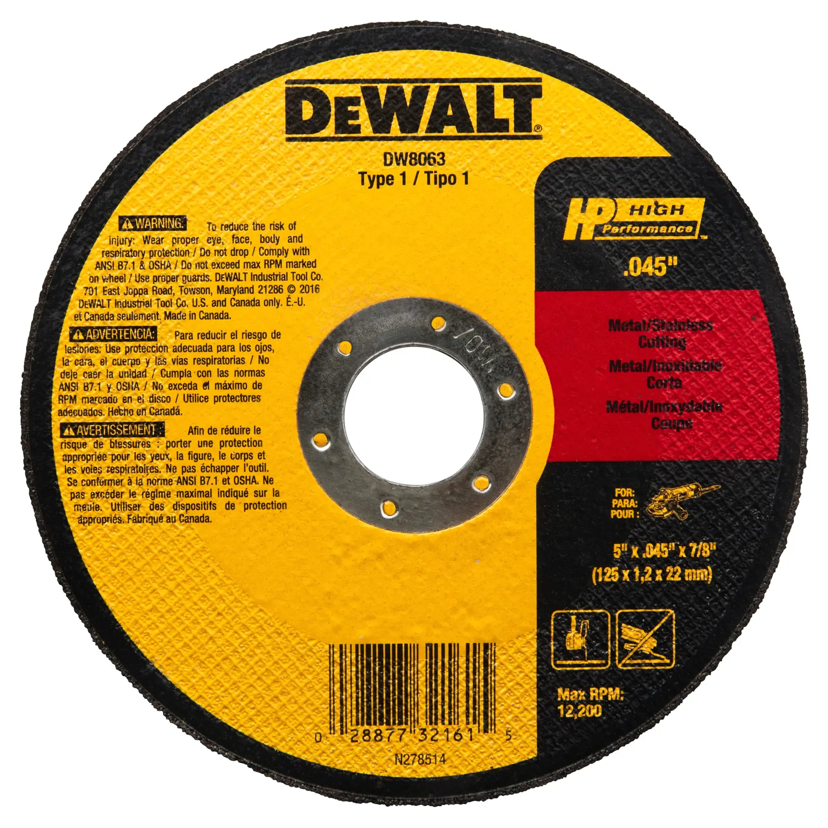 A DEWALT branded cutting wheel model DW8063, Type 1, designed for metal and stainless steel cutting. The wheel has a black and yellow design with product details, safety warnings, and specifications such as 'High Performance', .045 inch thickness, 5 inches diameter, and a maximum RPM of 12,200.