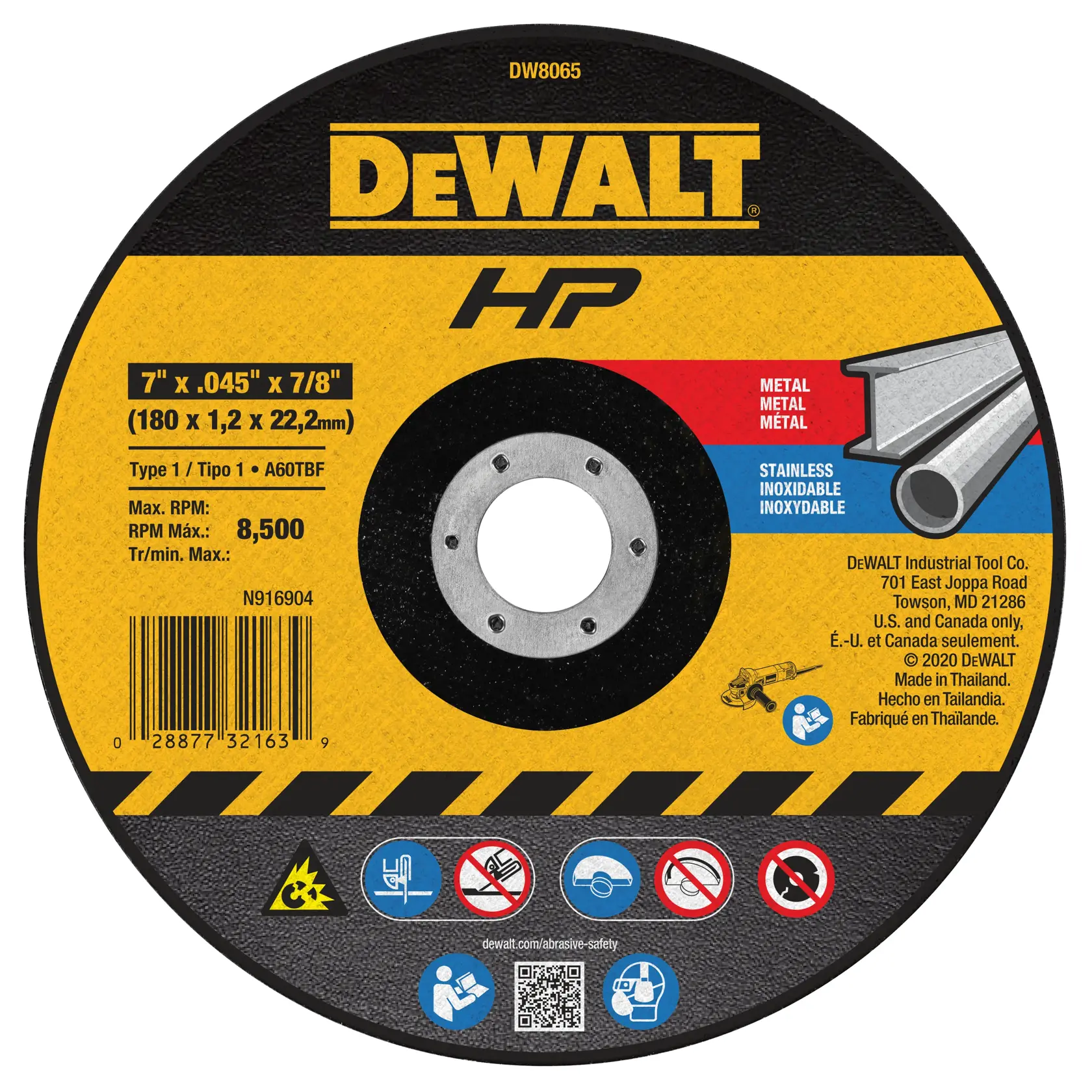 A DEWALT branded 7-inch abrasive cutting wheel, model DW8065, designed for cutting metal and stainless steel. The wheel features product specifications, safety icons, barcode, and manufacturing information, with yellow, red, and blue color bands.
