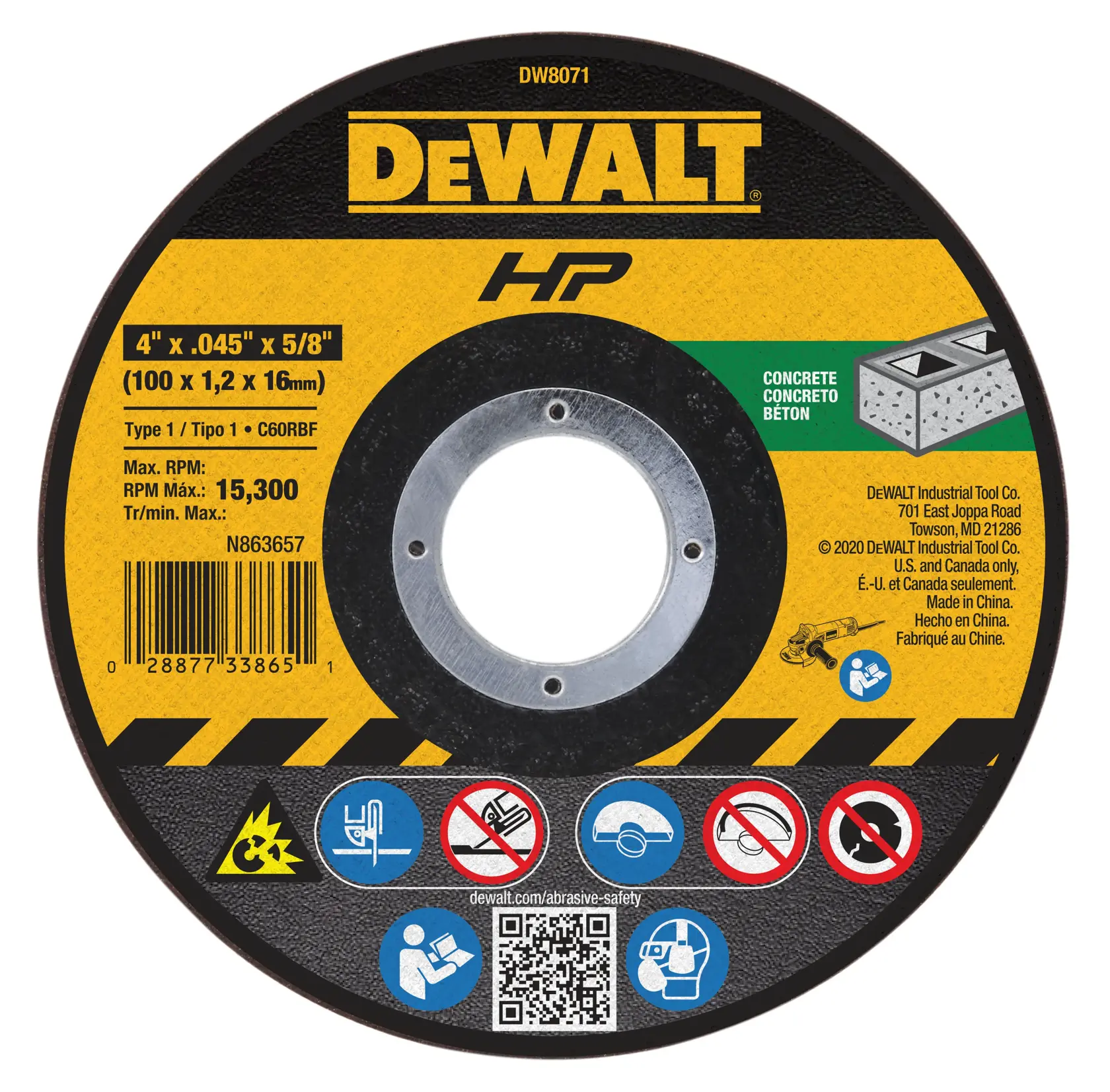 A DEWALT DW8071 HP concrete cutting disc, measuring 4 inches by 0.045 inches by 5/8 inch (100 x 1.2 x 16mm). The disc is labeled for use on concrete, shows a barcode, safety symbols, company details, and a QR code. The maximum RPM is 15,300.