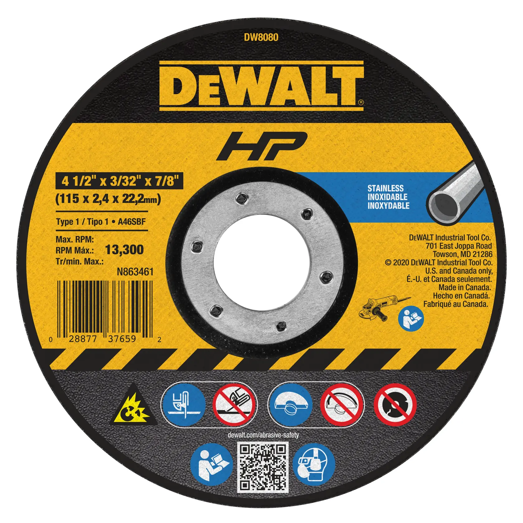 Image of a DEWALT DW8080 abrasive cutting wheel for stainless steel, with size specifications 4 1/2 inch x 3/32 inch x 7/8 inch (115 x 2.4 x 22.2 mm), maximum RPM 13,300, various safety icons, barcode, and details about intended use and manufacturer printed on the label.