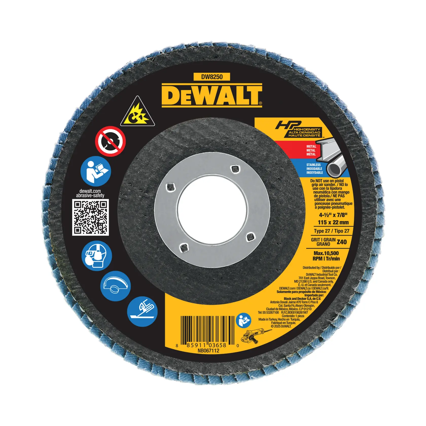 A DEWALT DW8250 high-density flap disc for metal and stainless steel grinding, Type 27, size 4-1/2 inches by 7/8 inch (115 x 22 mm), grit 40. The disc displays safety icons for protective gear and QR code, with manufacturer details and barcode visible.