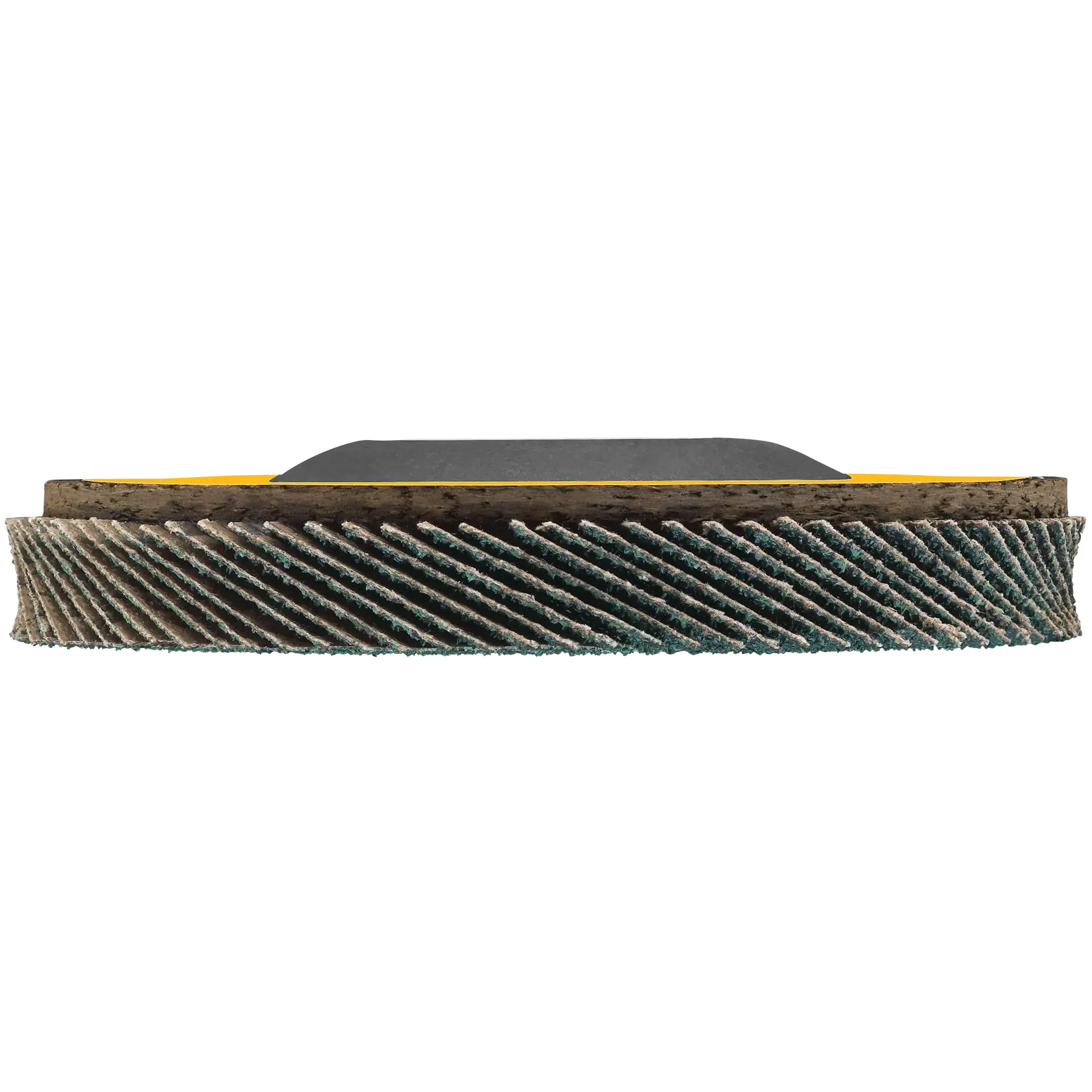 Side view of a DEWALT abrasive flap disc, showing the layered sanding surface and circular shape.