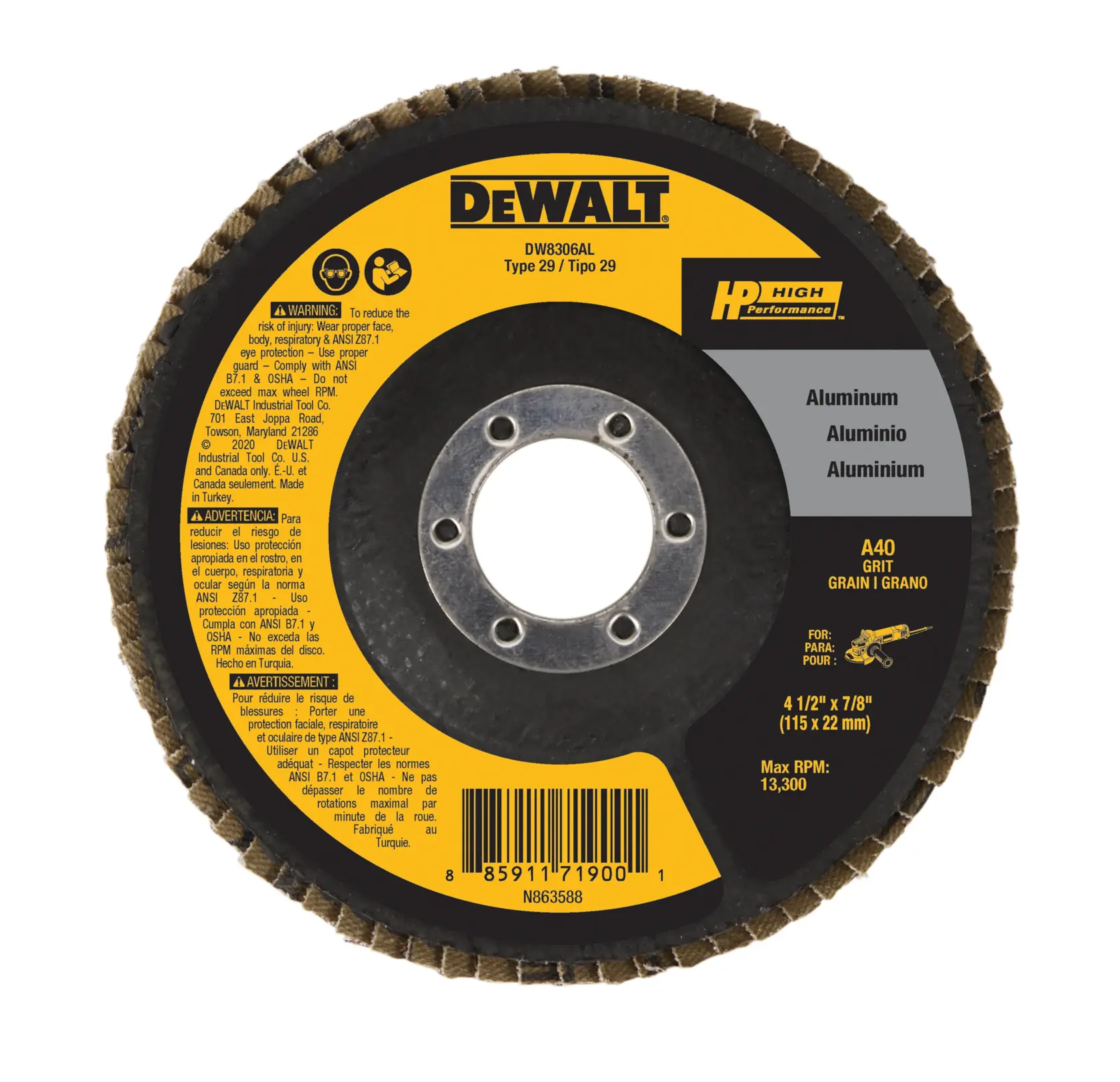 DEWALT HP High Performance flap disc with A40 grit for grinding aluminum, featuring warning and product information in multiple languages. The disc is black and yellow, with a central metal ring and barcode. Size is 4-1/2 x 7/8 inches (115 x 22 mm), max RPM 13,300.