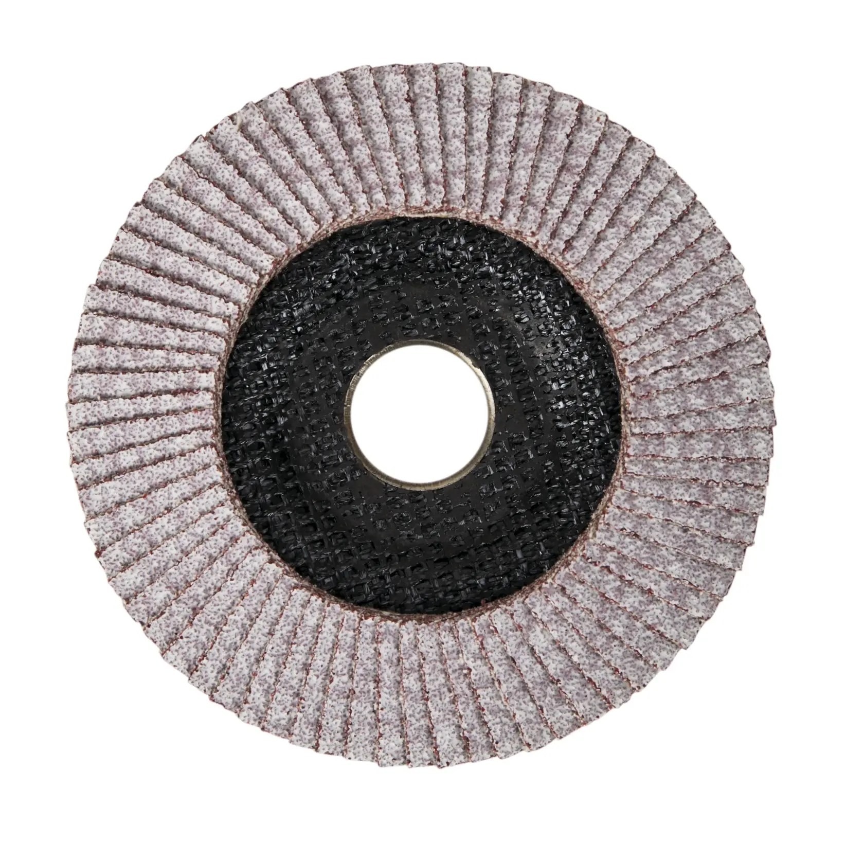A close-up image of a DEWALT flap disc used for grinding and finishing metal surfaces. The disc has overlapping abrasive flaps arranged in a circular pattern, centered around a hole for mounting.