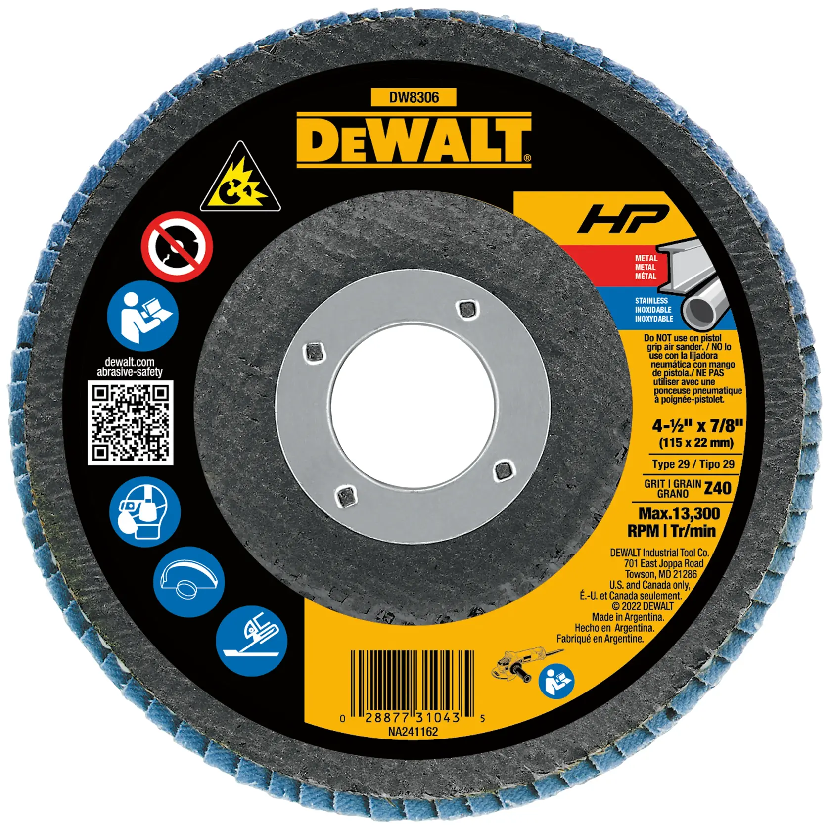DEWALT DW8306 flap disc, Type 29, 4-1/2 inch x 7/8 inch (115 x 22 mm), Z40 grit, designed for metal and stainless steel grinding, featuring safety and usage icons on the label.
