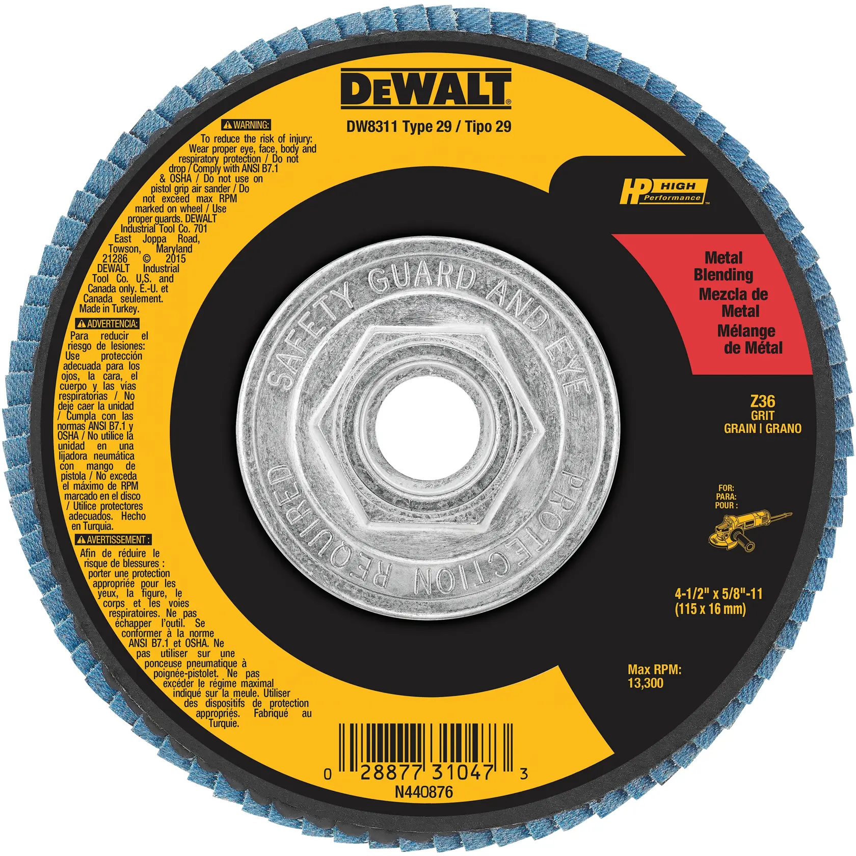 A close-up image of a DEWALT DW8311 Type 29 metal blending flap disc. The disc features blue abrasive flaps around the edge, a metal center, and detailed product information with safety warnings in English, Spanish, and French. The disc is sized 4-1/2 inch x 5/8 inch-11 (115 x 16 mm), Z36 grit, with a max RPM of 13,300.