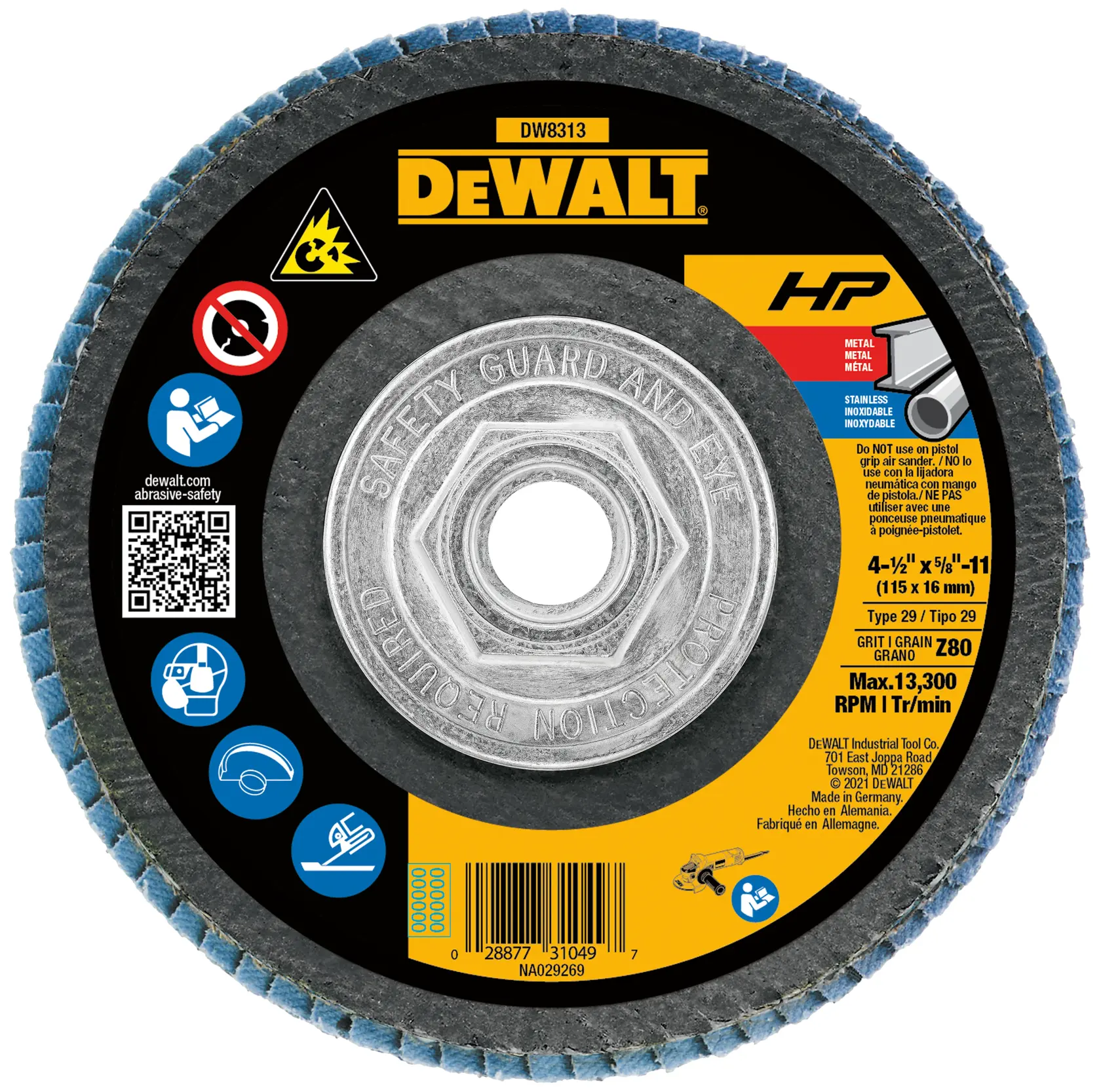 A DEWALT branded abrasive flap disc, model DW8313, designed for metal and stainless steel grinding. The disc is round with blue abrasive flaps around the edge, and features detailed labeling including safety icons, specifications, a QR code, and a barcode. The specifications indicate a size of 4-1/2 inch by 5/8 inch-11 (115 x 16 mm), grit grain Z80, and a maximum speed of 13,300 RPM. Made in Germany.