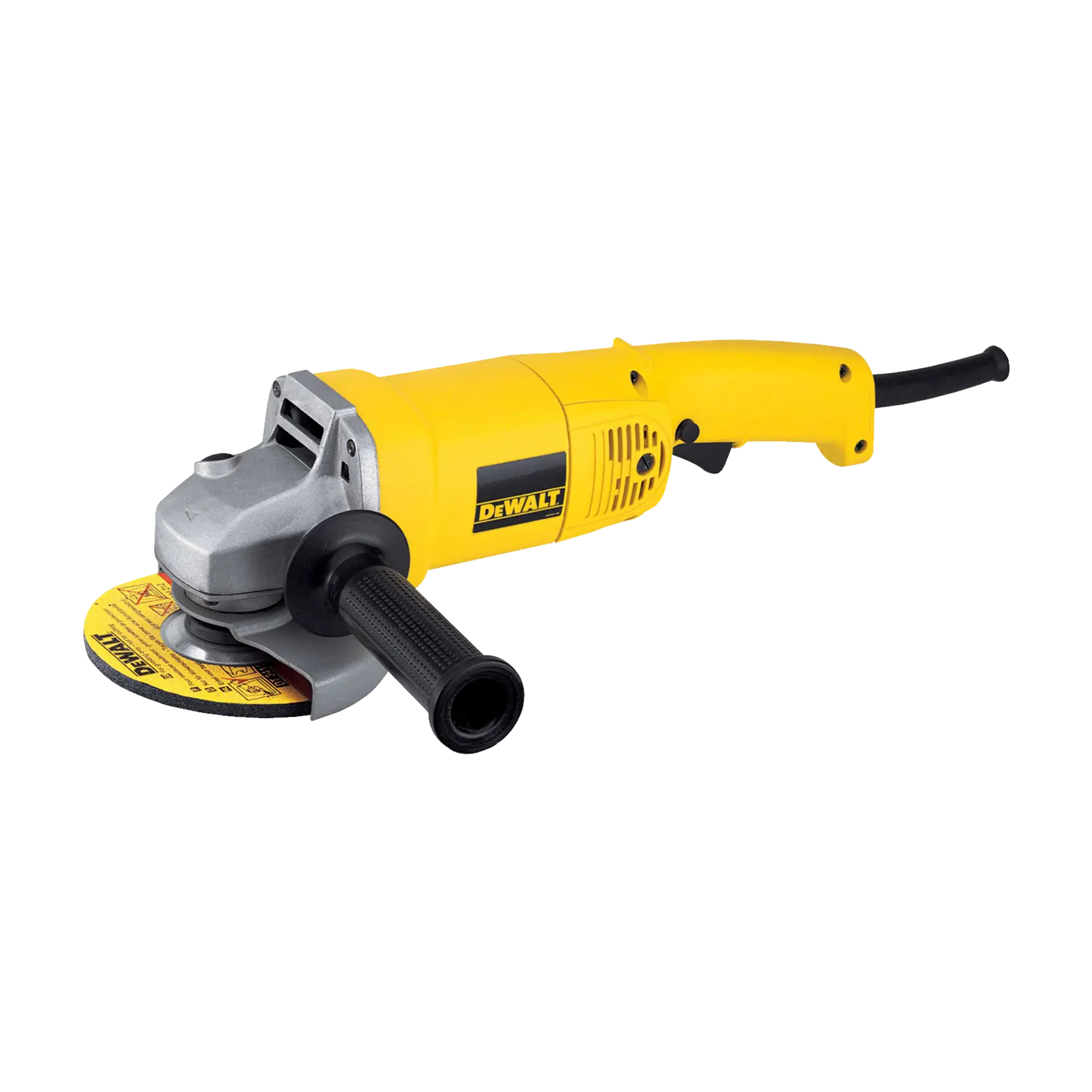 A yellow DEWALT angle grinder with a black handle and cord, shown on a white background.