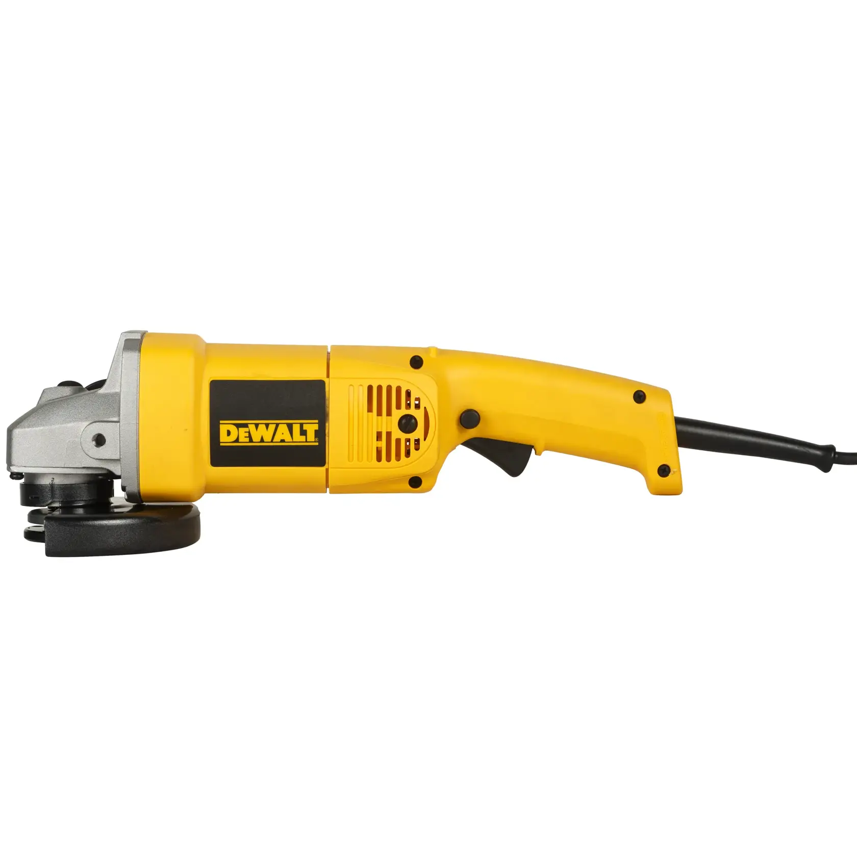 Yellow DEWALT DW831 angle grinder with black details and power cord, shown on a white background.