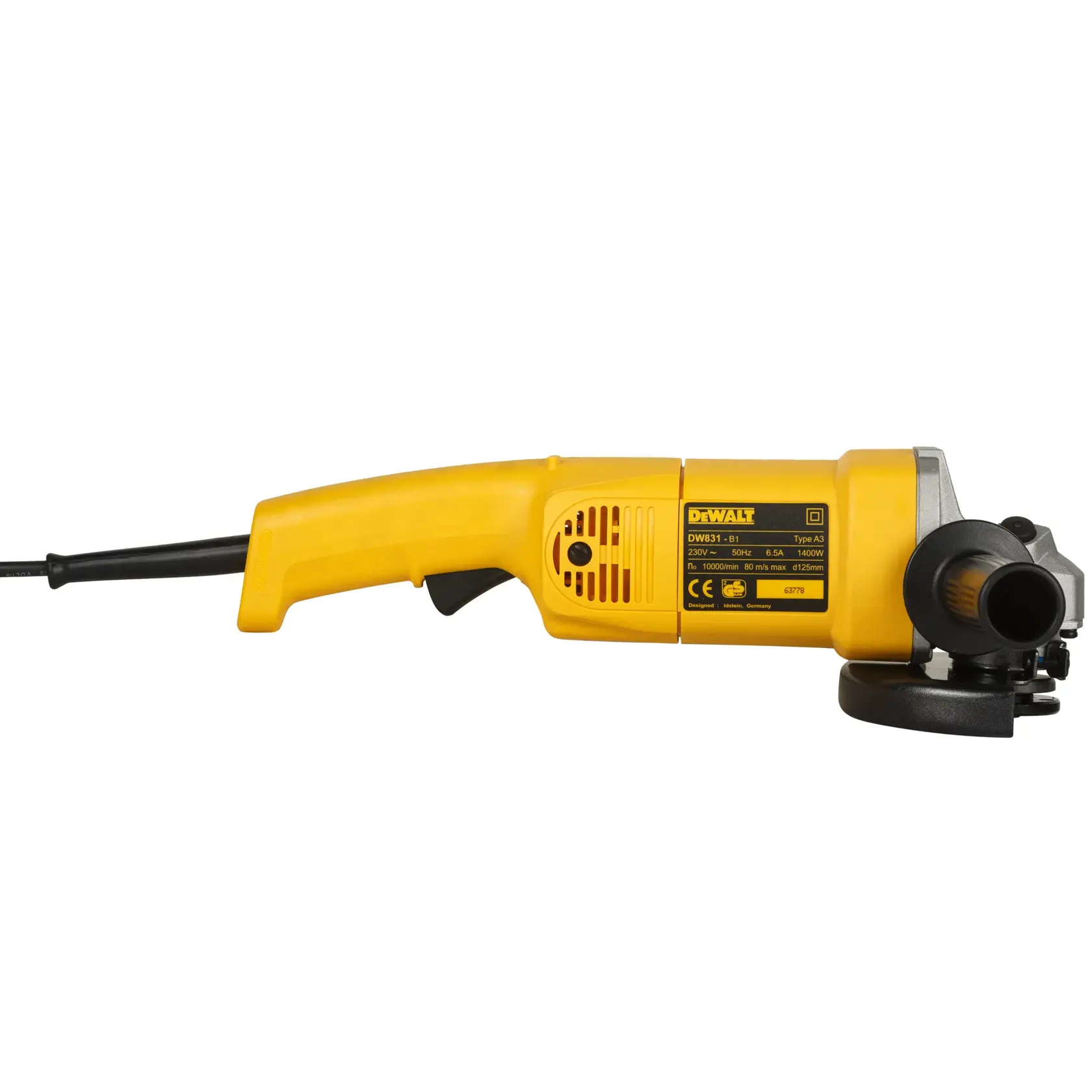 DEWALT DW831 yellow angle grinder with side handle, power cord, and label, shown against a white background.