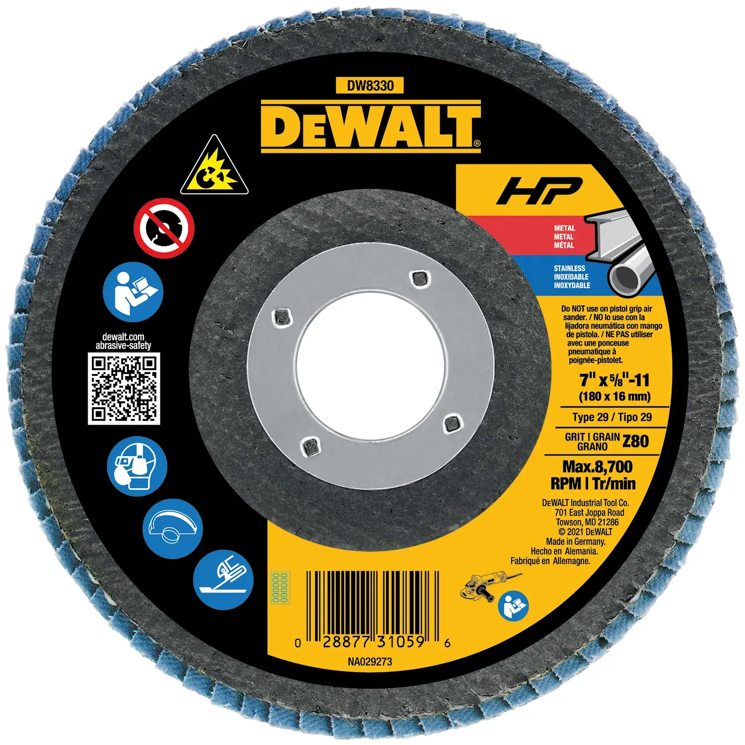 A DEWALT HP abrasive flap disc with SKU DW8330, labeled for use on metal and stainless steel, featuring safety and usage icons and specifications such as size 7 inch x 1/4 inch x 11/16 mm, grit Z80, and maximum 8,700 RPM.