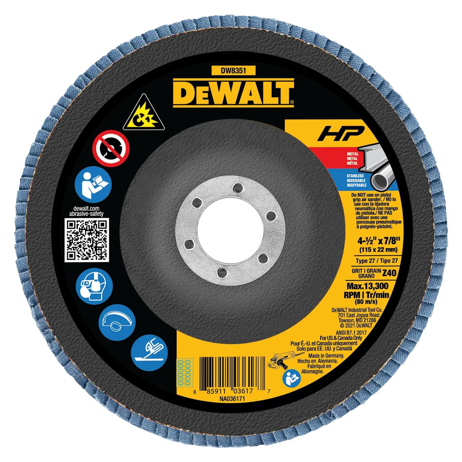 A DEWALT DW8351 flap disc with blue abrasive edges and a black and yellow label. The label shows product information, safety icons, a QR code, and specifications for metal and stainless steel grinding applications.