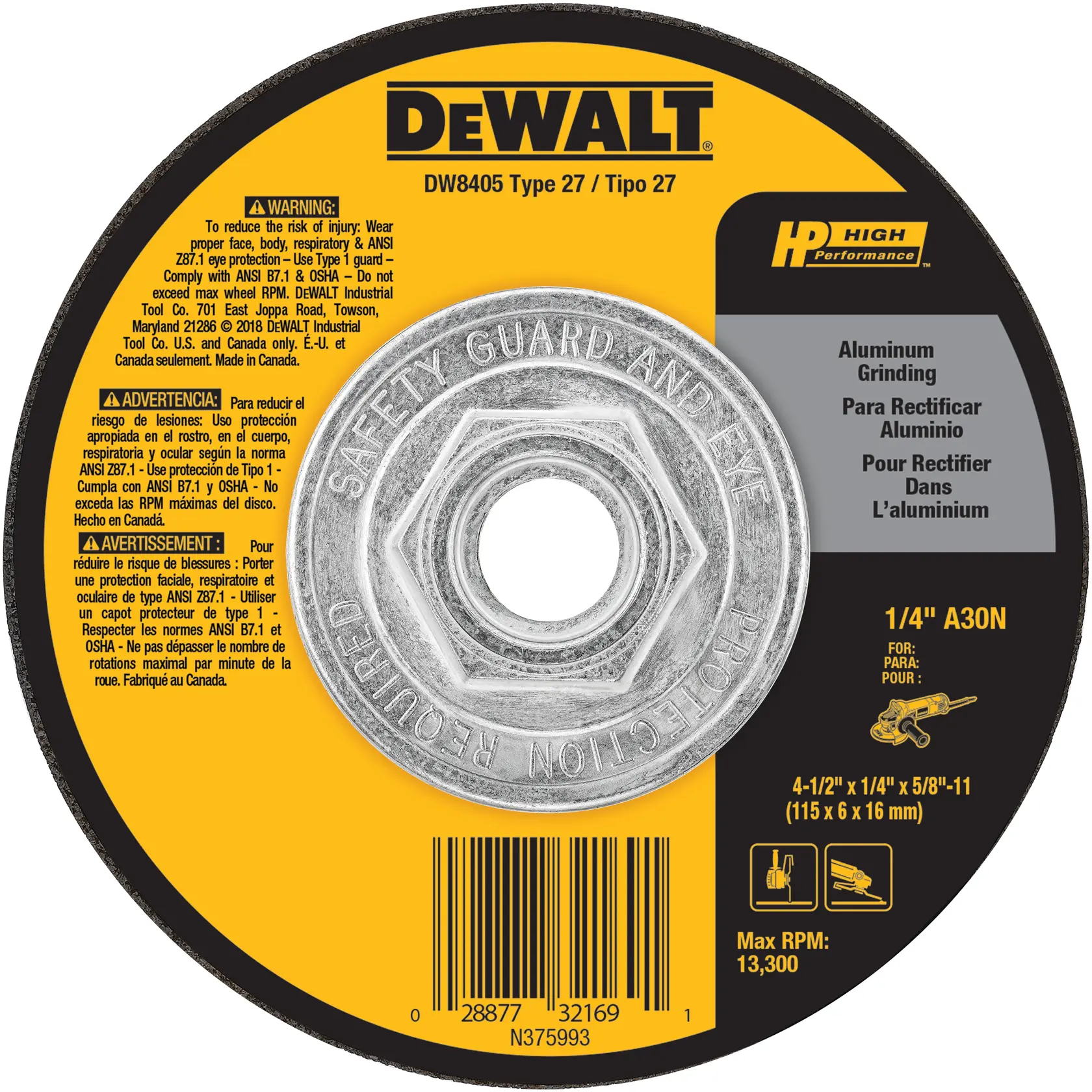 A DEWALT DW8405 Type 27 aluminum grinding wheel with High Performance label. The wheel displays safety warnings in English, Spanish, and French, includes usage instructions, size specifications, and maximum RPM. It is black and yellow, with a central metal hole and a barcode at the bottom.