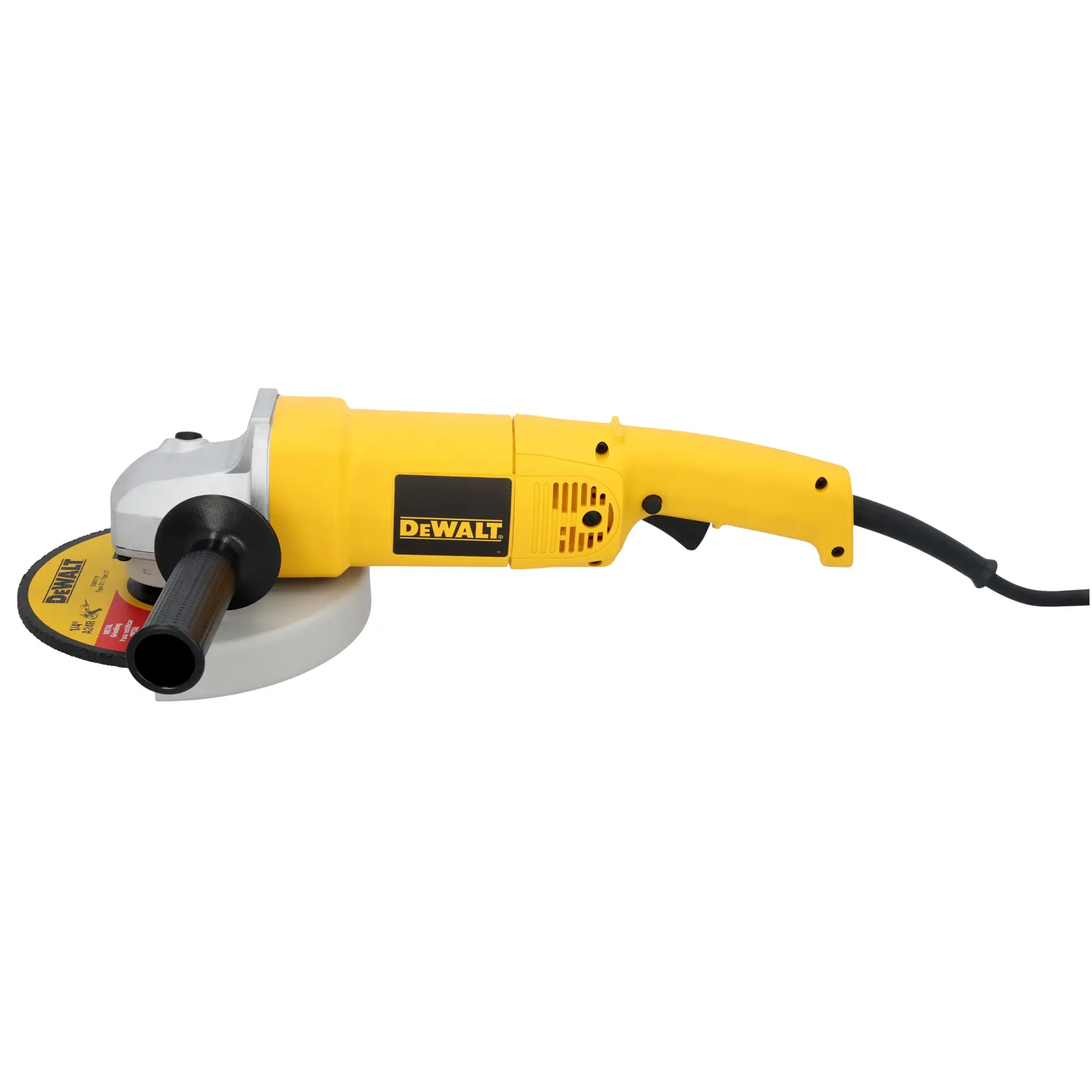 Yellow DEWALT DW840 angle grinder with side handle and power cord, shown on a white background.