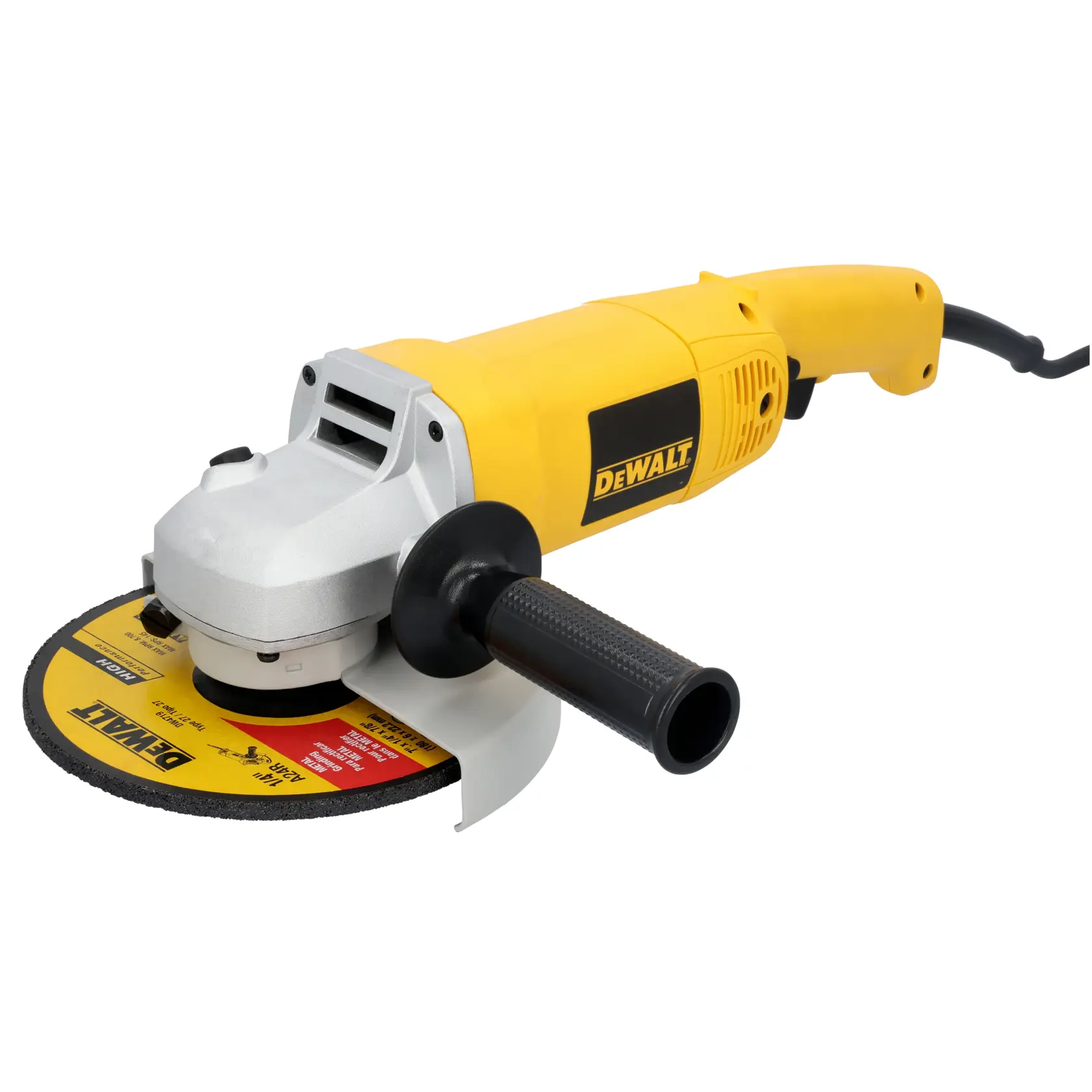 A DEWALT branded angle grinder with a yellow and black body, a side handle, and a circular abrasive disc attached. The tool is electric and has a power cord.
