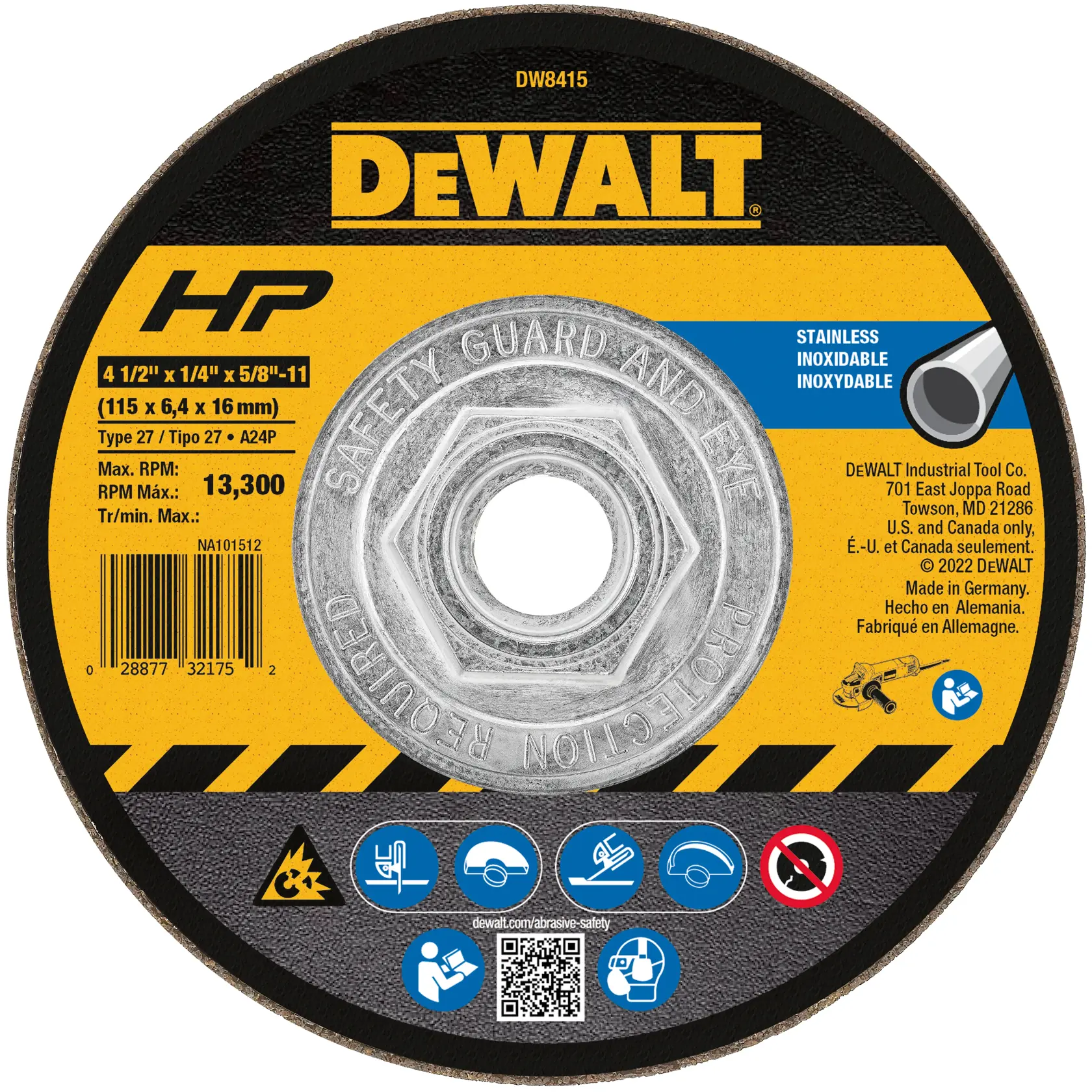 A close-up image of a DEWALT DW8415 stainless steel grinding disc. The disc features the DEWALT logo in yellow on a black background, product specifications including size (4 1/2 in x 1/4 in x 5/8-11), maximum RPM 13,300, and information about safe use and manufacturing location. The bottom of the disc displays icons for safety instructions and a QR code.